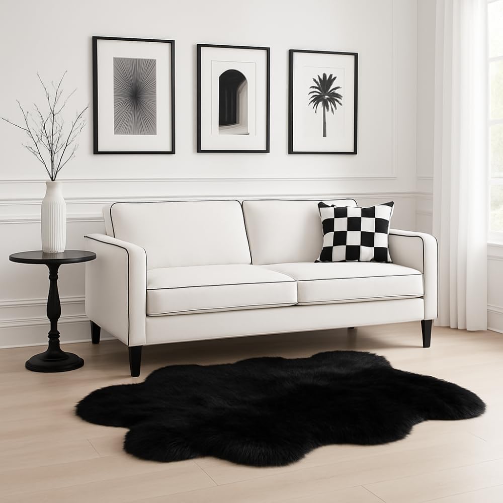 Silky Soft Faux Fur Rug, 5 ft. x 7 ft. Black Fluffy, Made in France, Sheepskin Area, Shaggy Rug for Living Room, Bedroom, Kid's Room, or Nursery, Home Décor Accent with with Non-Slip Backing