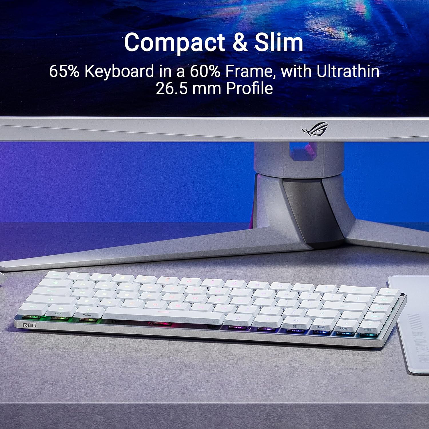 ASUS ROG Falchion RX Low Profile Wireless Gaming Keyboard – 65% Compact TKL, Tri-Mode Connectivity, ROG RX Blue Optical Switches, RGB, Touch Panel, Keyboard Cover, PC/Mac Support - White