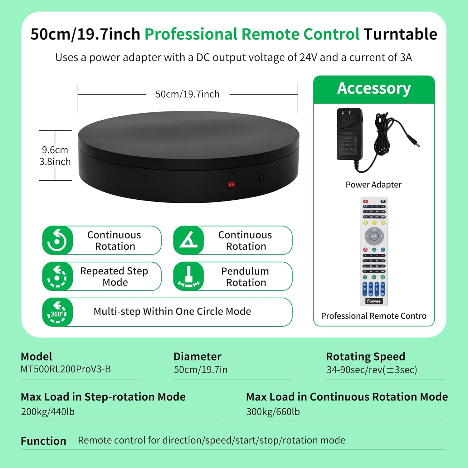 Super Heavy Duty Remote-Controlled Motorized Turntable,Motorized Rotating Display Stand,Speed-Adjustable Rotating Platform,Human 3D Scan Electric Turntable for Scan,Showcase(19.7in/Black)
