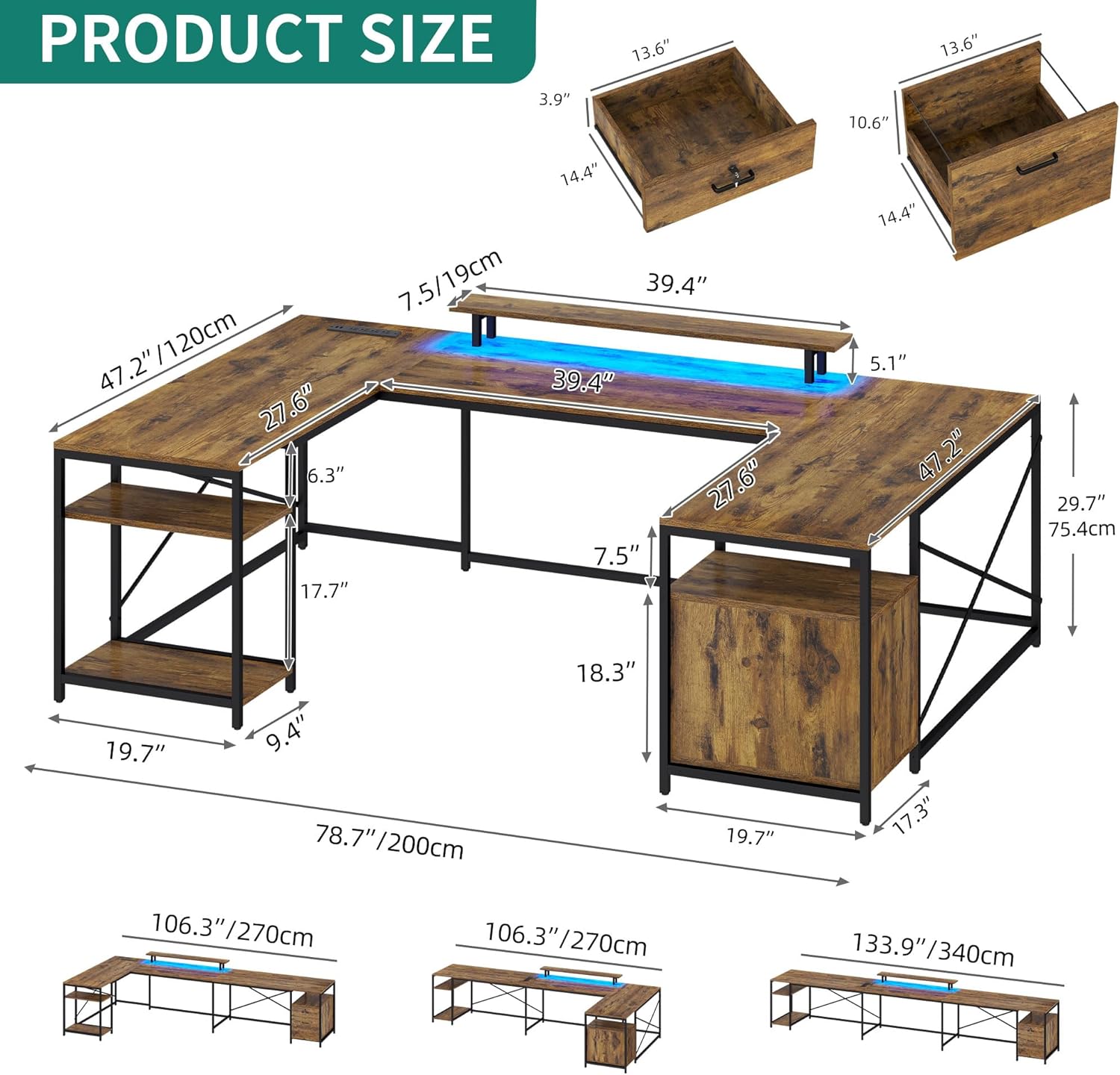 YITAHOME U Shaped Desk with Power Outlets & LED Lights, 79