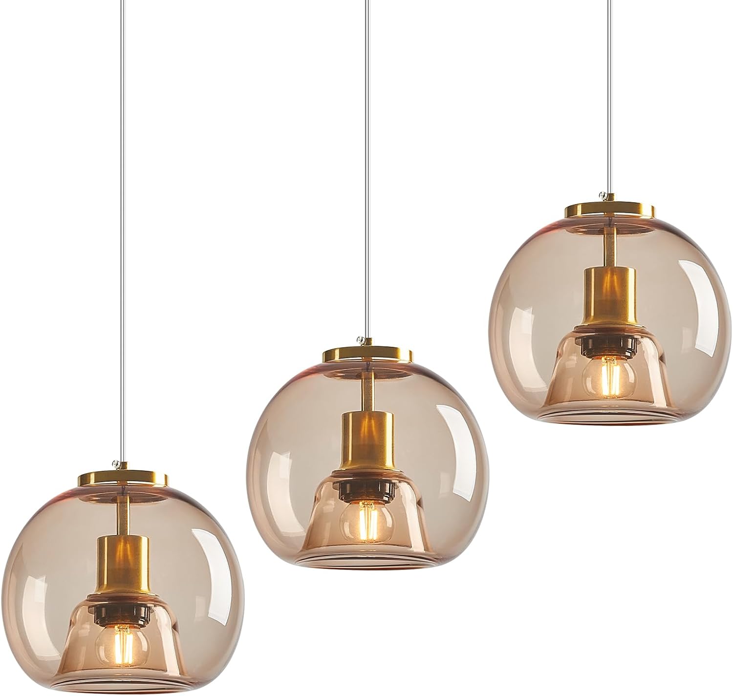 Light Coffee Glass Pendant Lights Kitchen Island Gold Hanging Light Fixture Glass Globe Pendant Light Modern Pendant Lighting for Kitchen Island Bedroom Dining Room (7.87