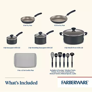 FARBERWARE 15-piece cookware set, including 8-inch and 9.75-inch fry pans, 1-quart and 2-quart saucepans with lids, 3-quart Dutch oven, 9x13-inch cookie pan, and 6-piece Prestige kitchen tool set.