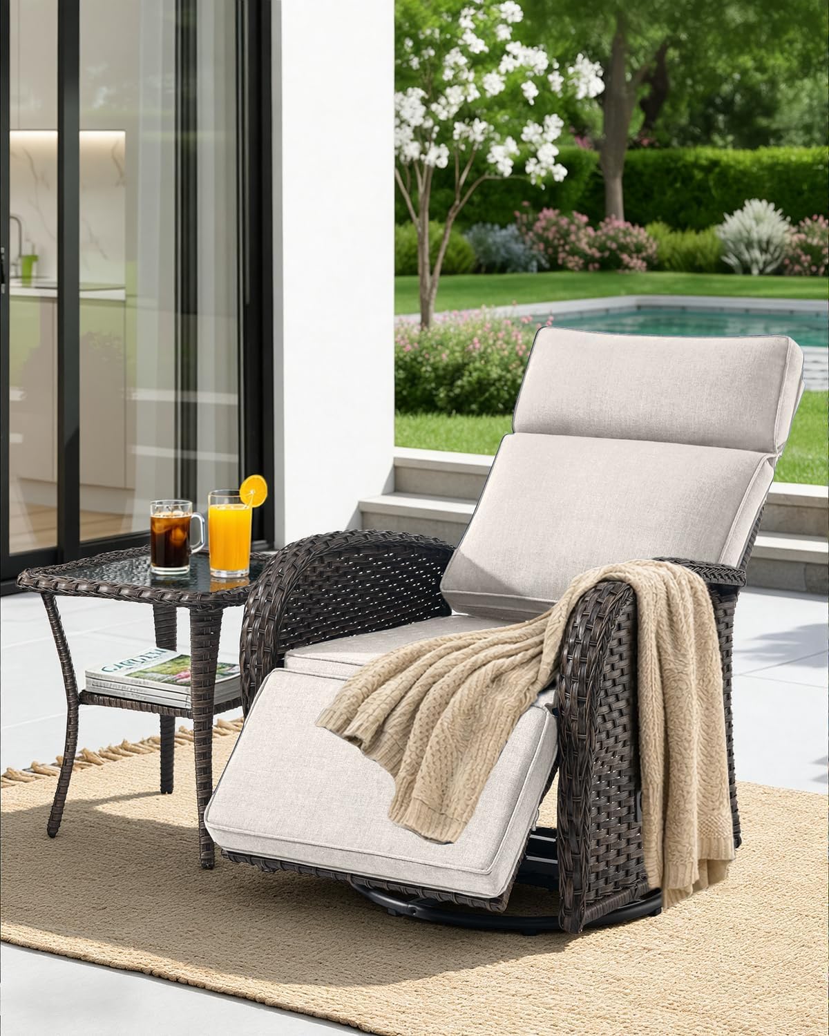 Outdoor Wicker Swivel Recliner with Adjustable Backrest&Ottoman - 1 Set Dural-Adjust High Back Brown Rattan Patio Lounges Reclining Chair for Porch Poolside Pool Sunbathing - Beige