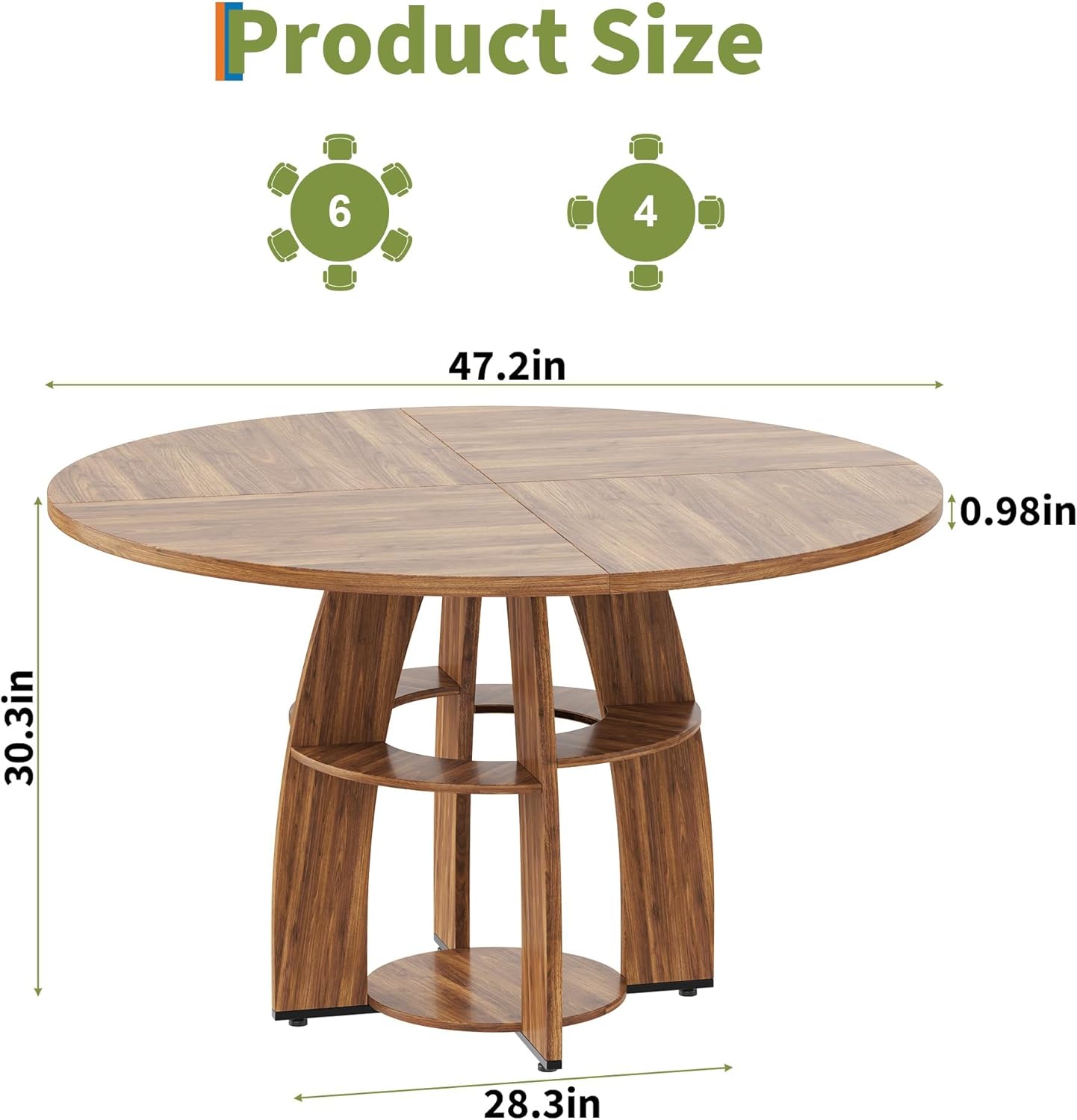 47 Inch Round Dining Table with Storage Shelf, 0.98” Thick Tabletop, Adjustable Feet, Easy to Clean & Assemble, Seats 4-6 People, Space-Saving Kitchen Table for Dining Room, Apartment, Walnut Wood