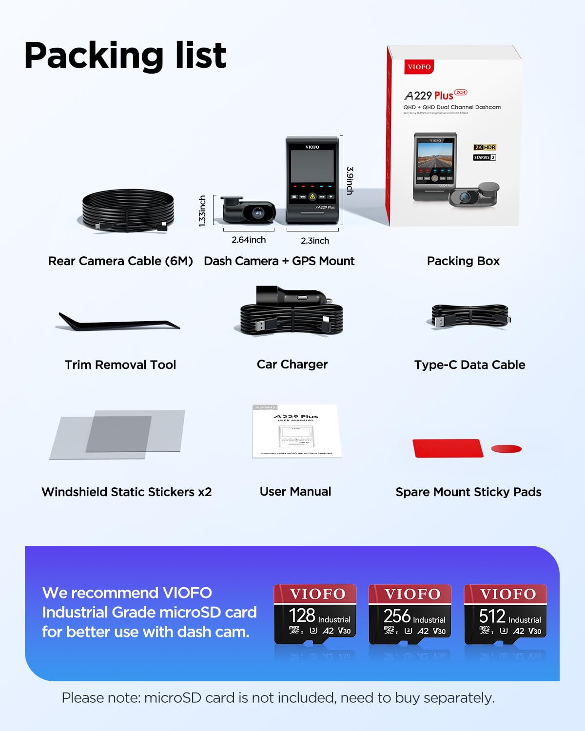 VIOFO A229 Plus Dash Cam Front and Rear, Dual 1440P HDR