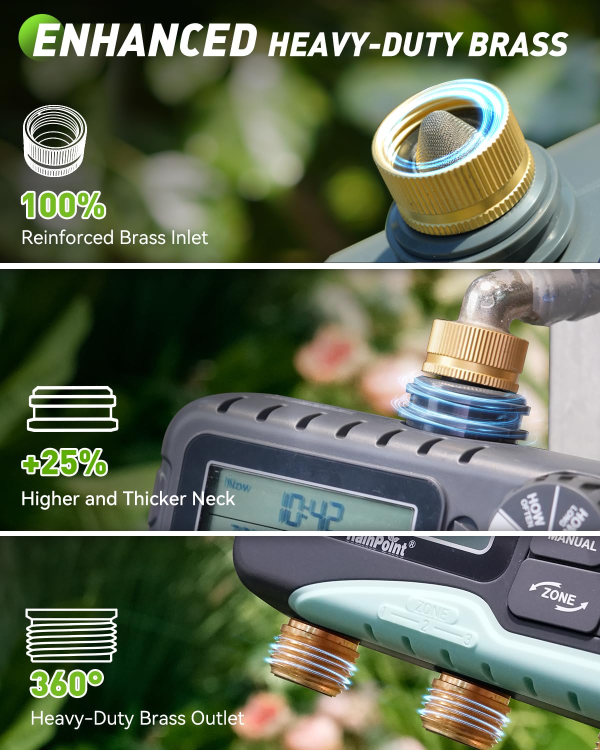 RAINPOINT 3 Zone Water Timer with Brass Inlet & Outlet