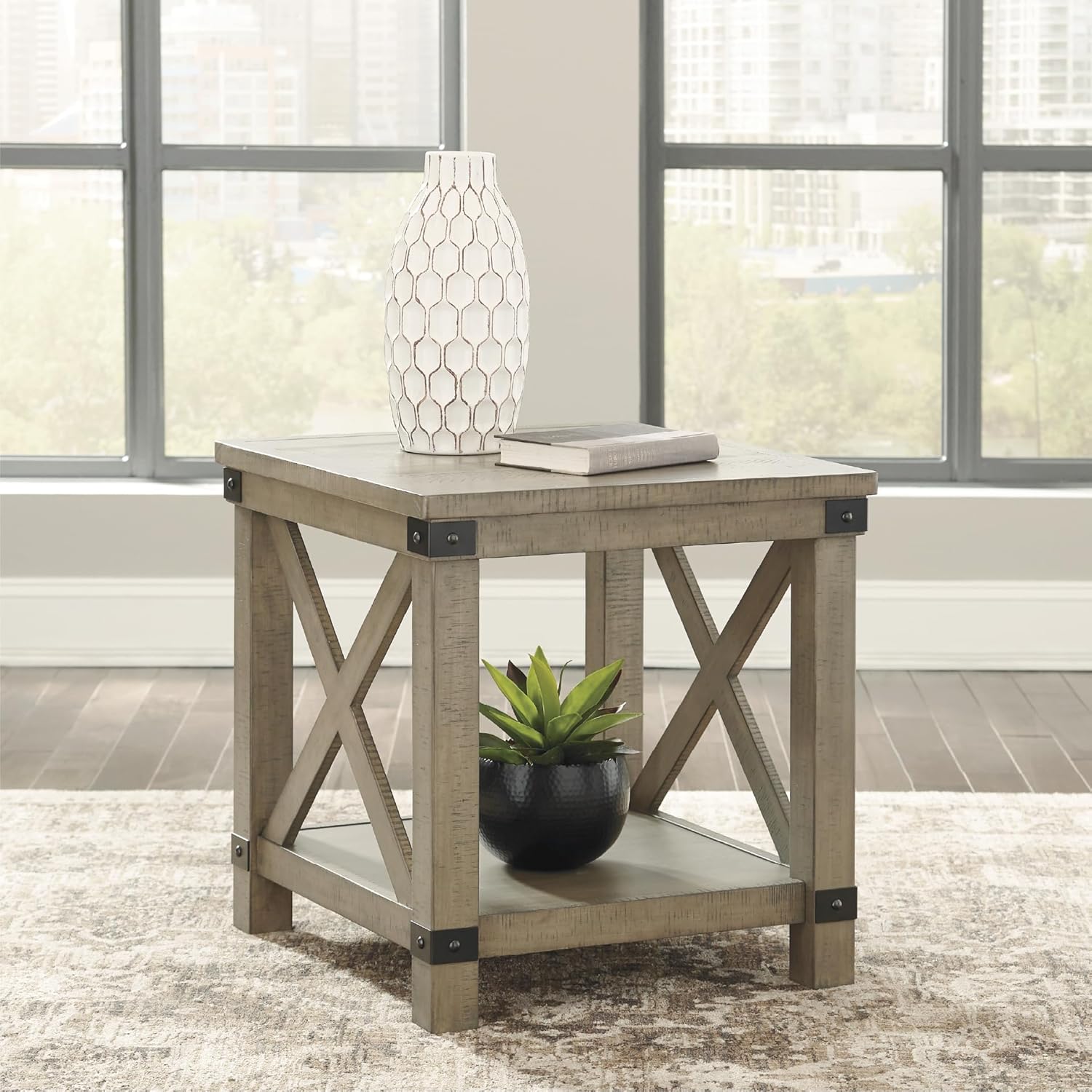 Signature Design by Ashley Aldwin Casual Farmhouse Rectangular End Table with Crossbuck Details, Metal Bracket Accents, Wood, 25