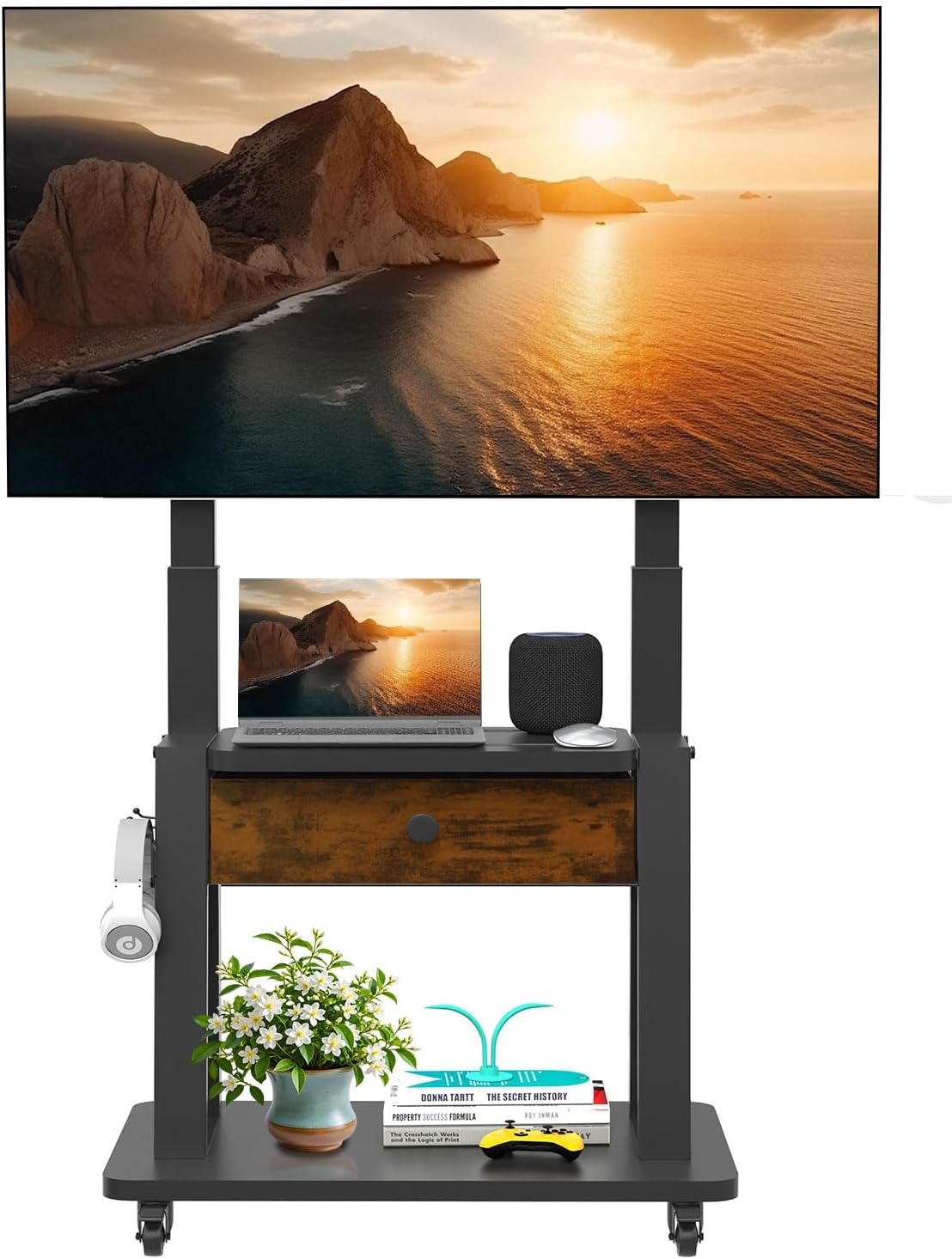 Rolling TV Stand with Fabric Drawer Storage for 32-75 Inch Flat/Curved Screen up to 220lbs LCD/LED/OLED Adjustable Height Mobile TV Cart with Wheels for Home Office Outdoor Max VESA 600x400mm