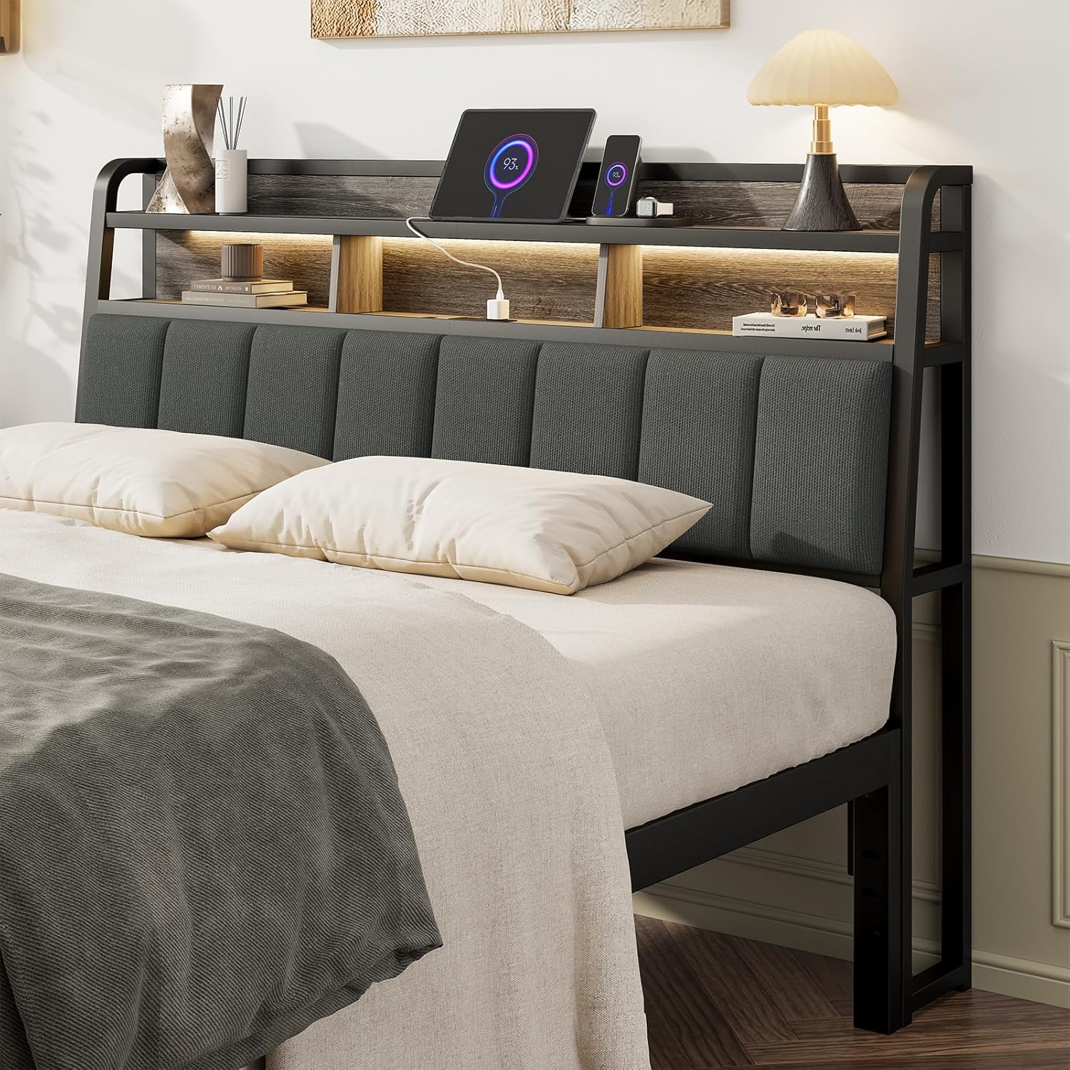 Queen Headboard Only with Storage, Upholstered Headboards for Queen Size Bed with LED Light, Charging Station, Height Adjustable, Sturdy and Stable Headboard, Black & Grey