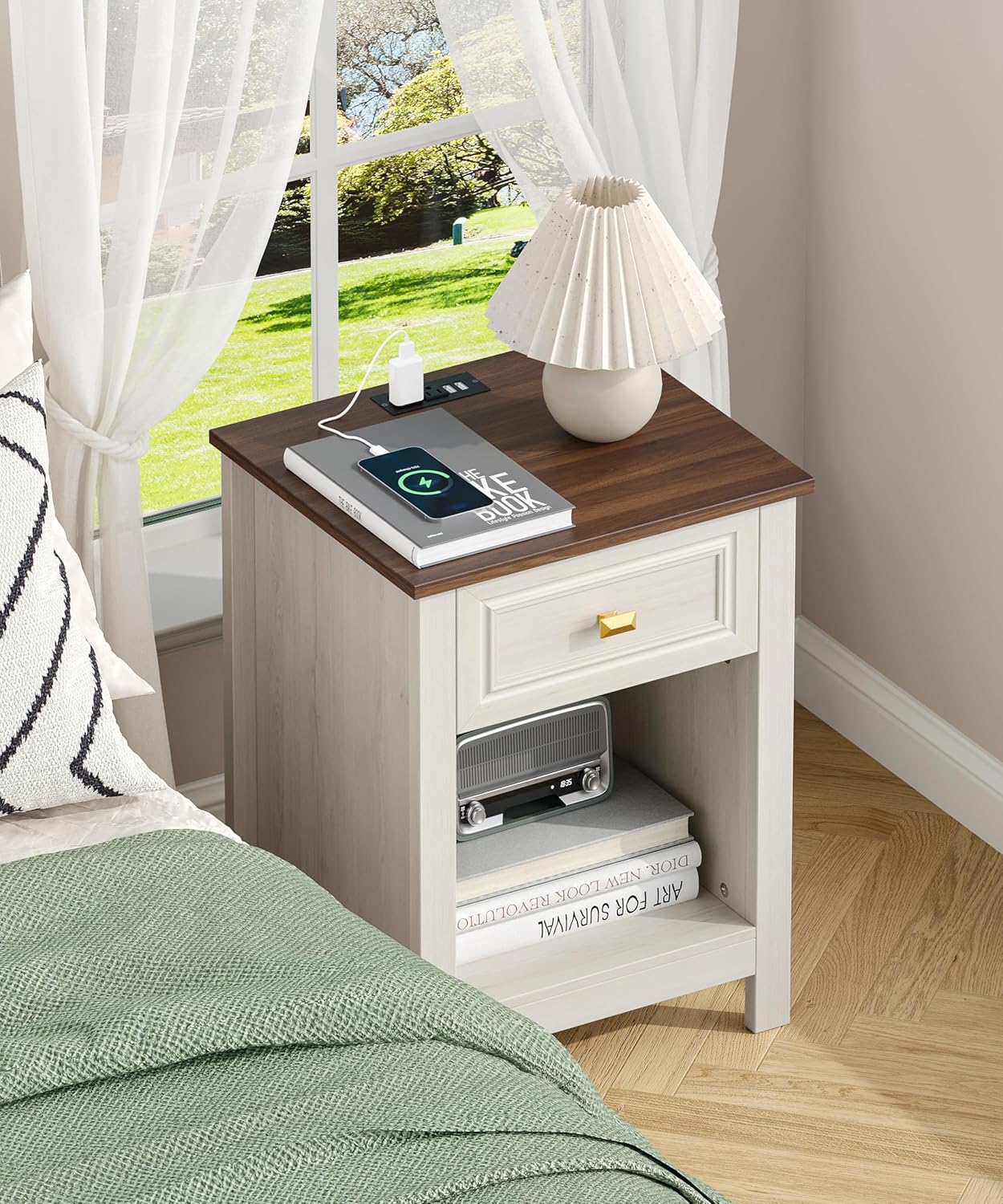 Akxomel Farmhouse Nightstands Set of 2, Night Stand with Charging Station, Wooden Side End Table with Drawer and Storage Shelf, Modern Bedside Table with Golden Handle, for Bedroom, Off White