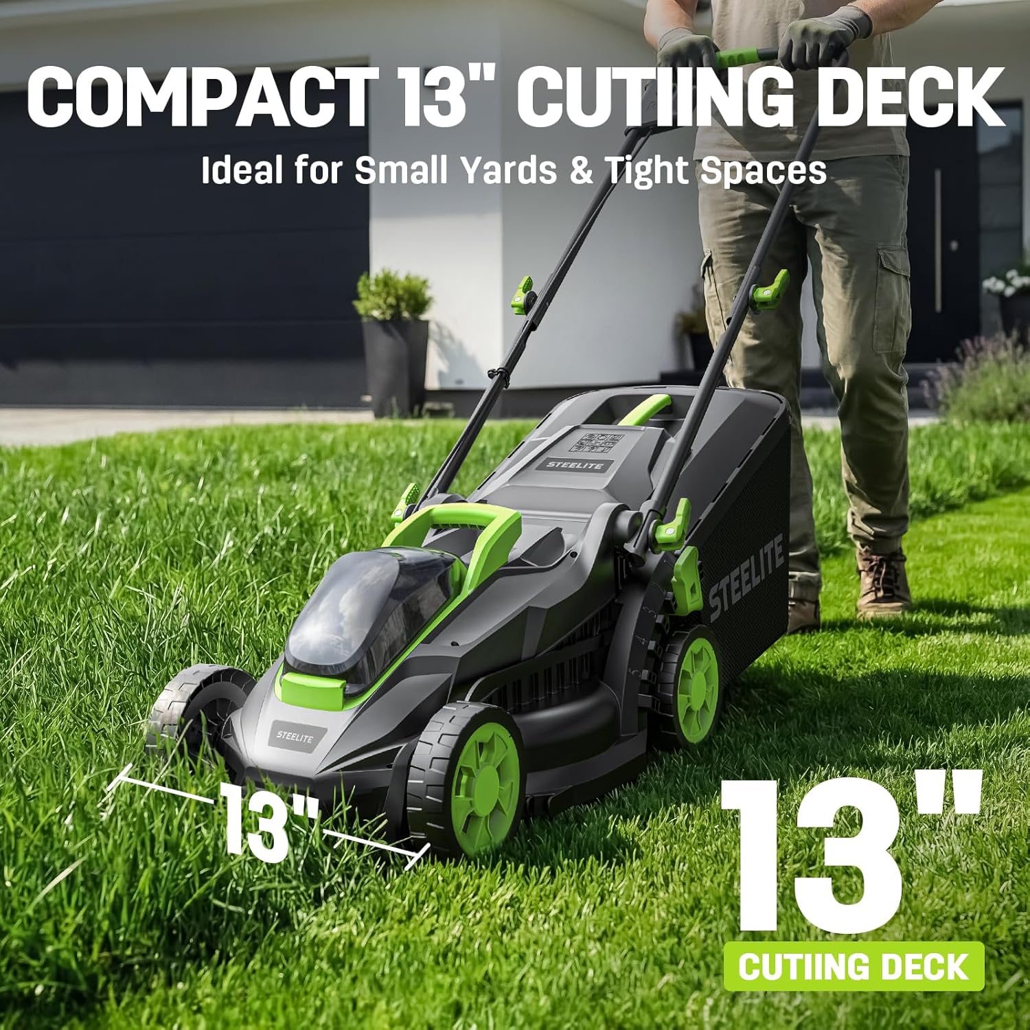 STEELITE 13-Inch Cordless Electric Lawn Mower, 21V Brushless Battery Push Mower with 4.0Ah Battery & Charger, 5-Position Height Adjustment, 8-Gallon Grass Bag