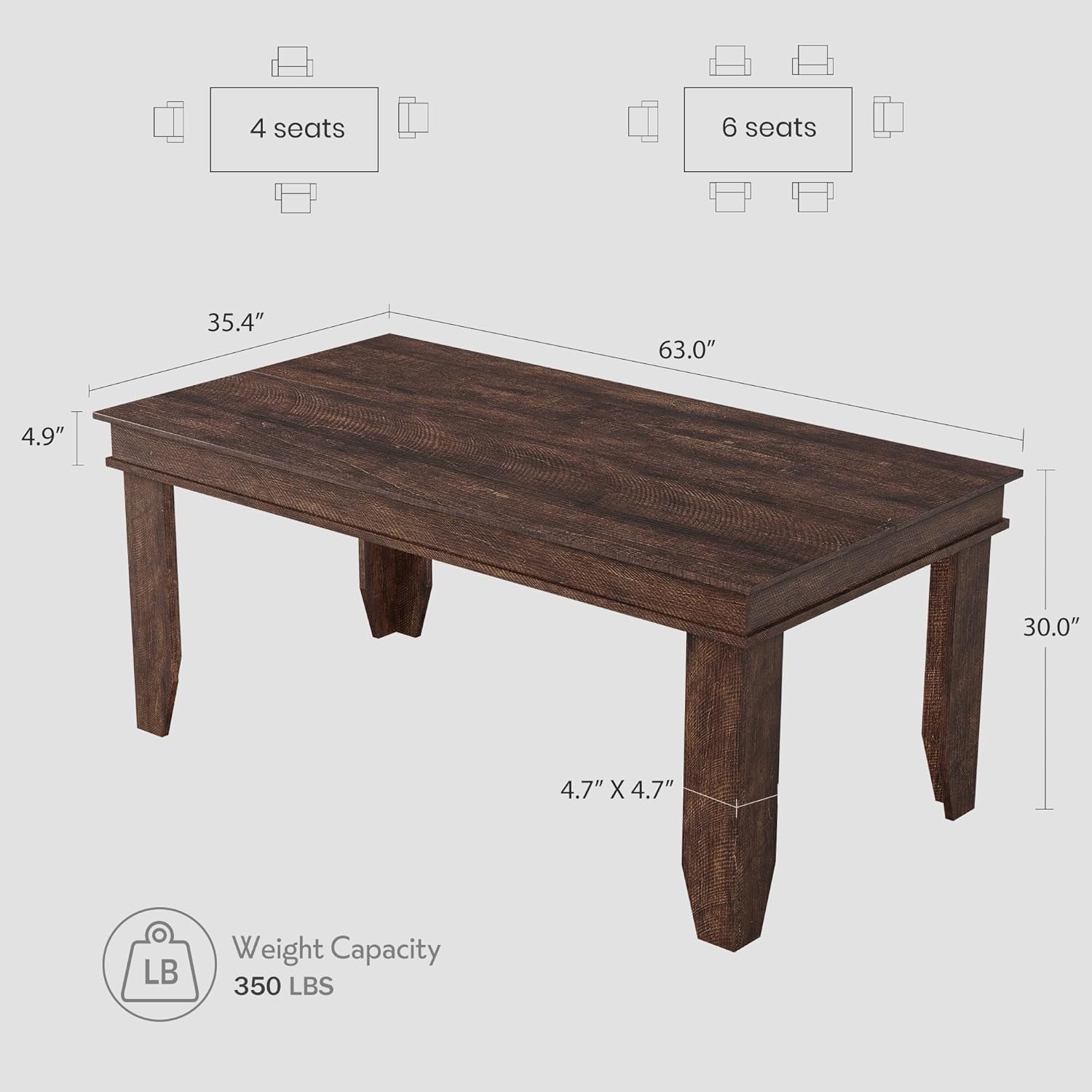 GarveeHome Farmhouse Dining Table for 4-6 People, 63 in Long Kitchen Tables with Wooden Sturdy Frame, 5 ft Large Rectangular Dinner Table for Dining Room, Kitchen, Dark Walnut, 63
