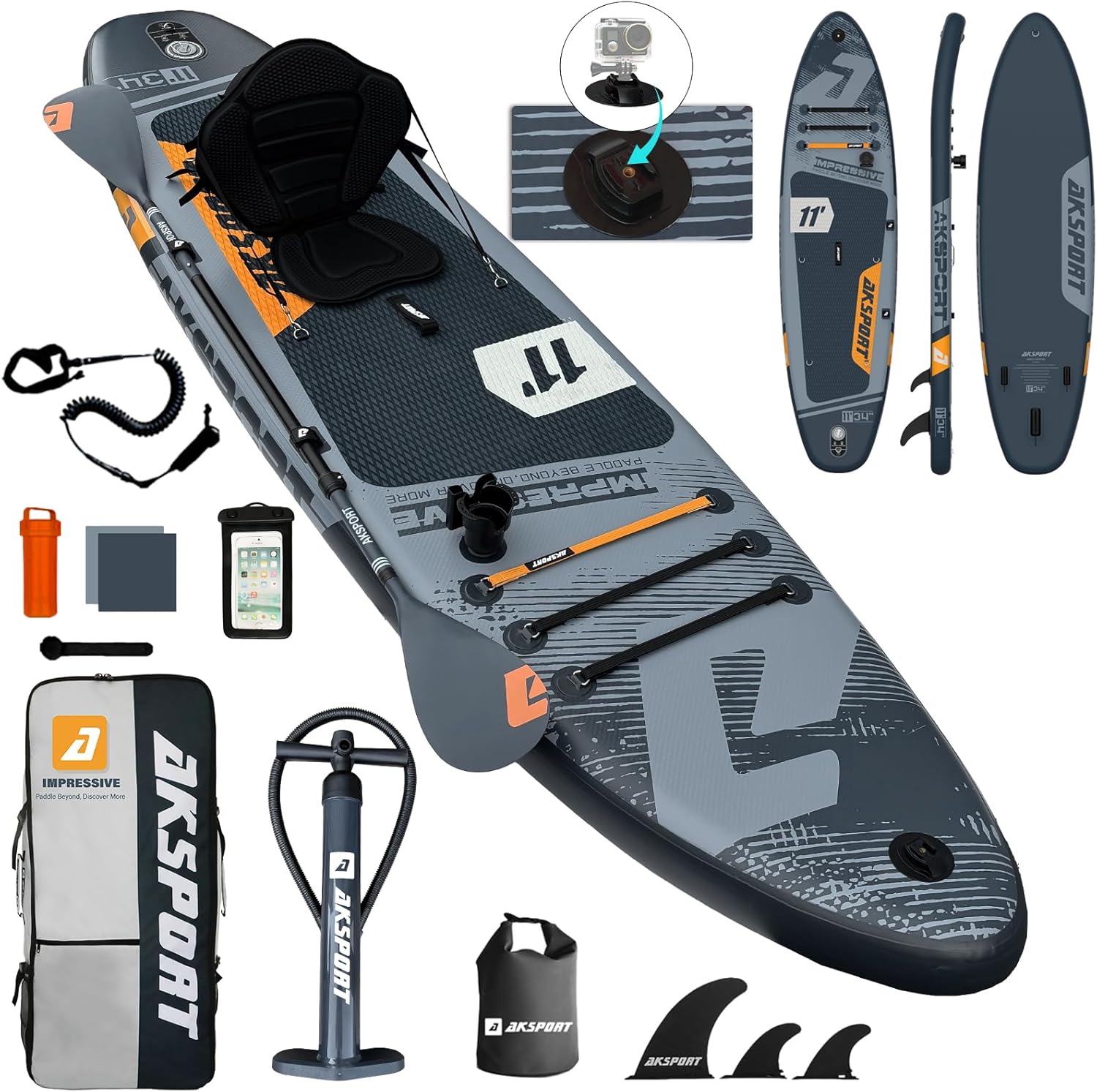 AKSPORT 11' Inflatable Stand-Up Paddle Board with Upgraded SUP Accessories Kit | Extra Wide 34