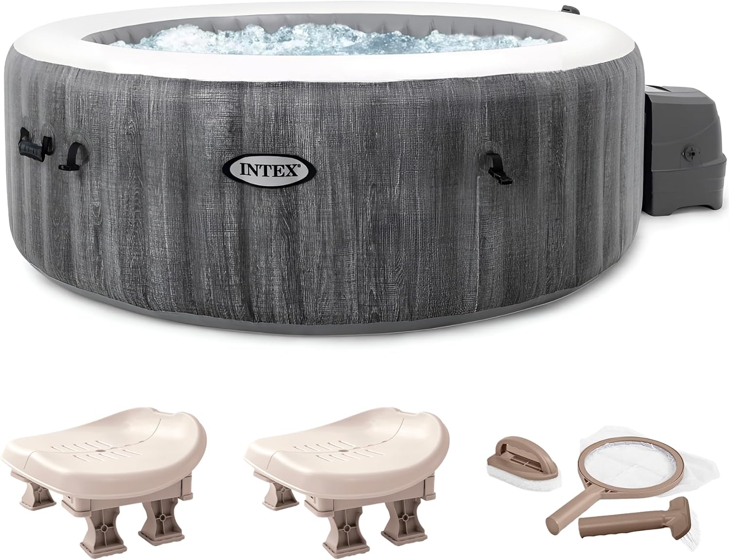 Intex PureSpa Plus Greywood Inflatable Hot Tub Jet Spa with Brush, Skimmer and Scrubber Maintenance Kit and 2 Removable Seat Spa Accessories