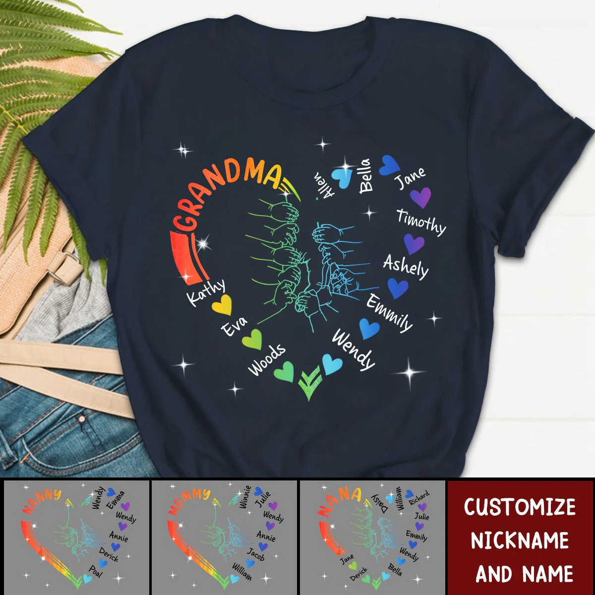 Grandma Mama And Kid Hands Heart Personalized T-Shirt