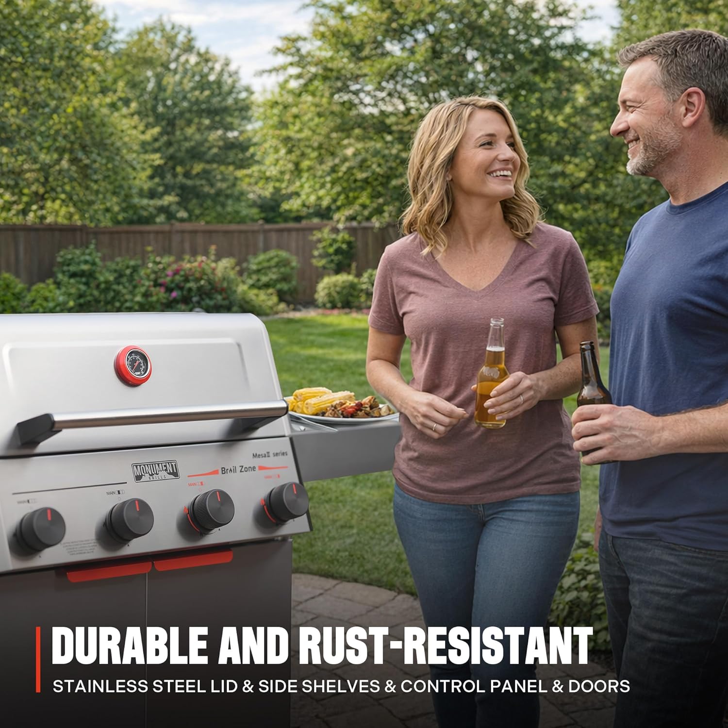 Monument Grills 4 Burner Stainless Steel Propane Mesa 2 Gas Grill, 500°F in 5 Mins, 525 sq.in, 37,000 BTU, with Broil Zone, Foldable Side Shelves, Knob Controls, Built in Thermometer, Mesa II 410BZ