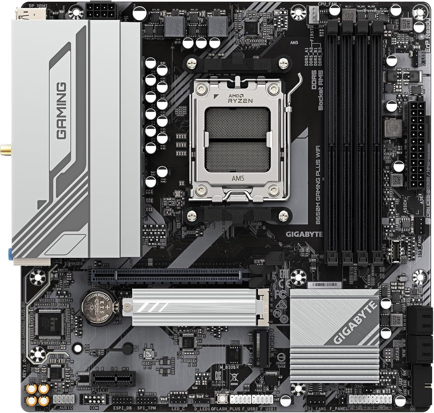 GIGABYTE B650M GAMING PLUS WIFI AMD AM5 mATX Motherboard, Support Ryzen 9000/8000/7000 Series, DDR5, 5+2+2 Power Phase, 2x M.2, PCIe 4.0, USB-C 3.2 Gen 1, WIFI6E, 2.5GbE, EZ-Latch, Q-Flash, RGB Fusion