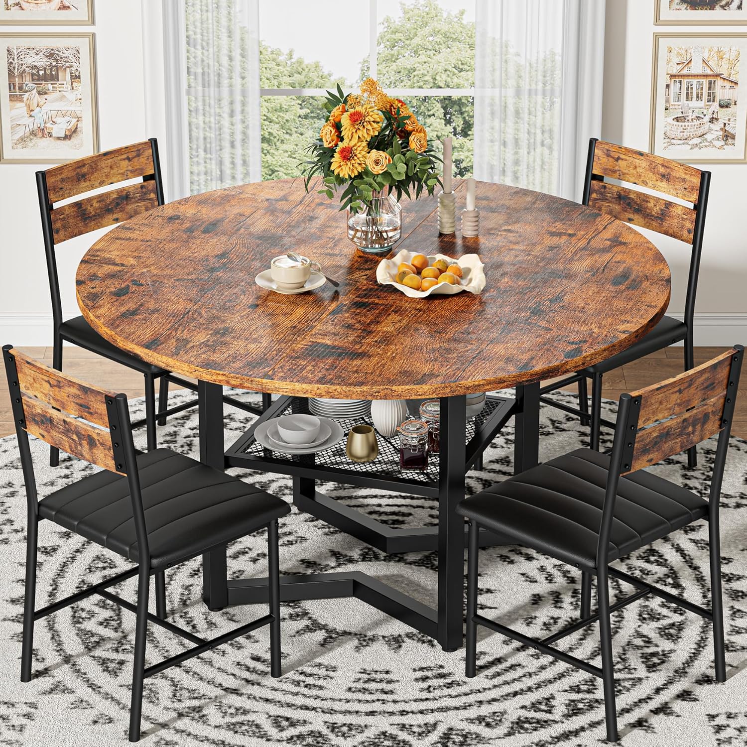 IRONCK Round Dining Table Set for 4, Dining Room Table Set with 4 Chairs, 47.2'' Dinner Table with Wooden Tabletop and Metal Base, 5-Piece Kitchen Table and Chairs, Rustic Brown