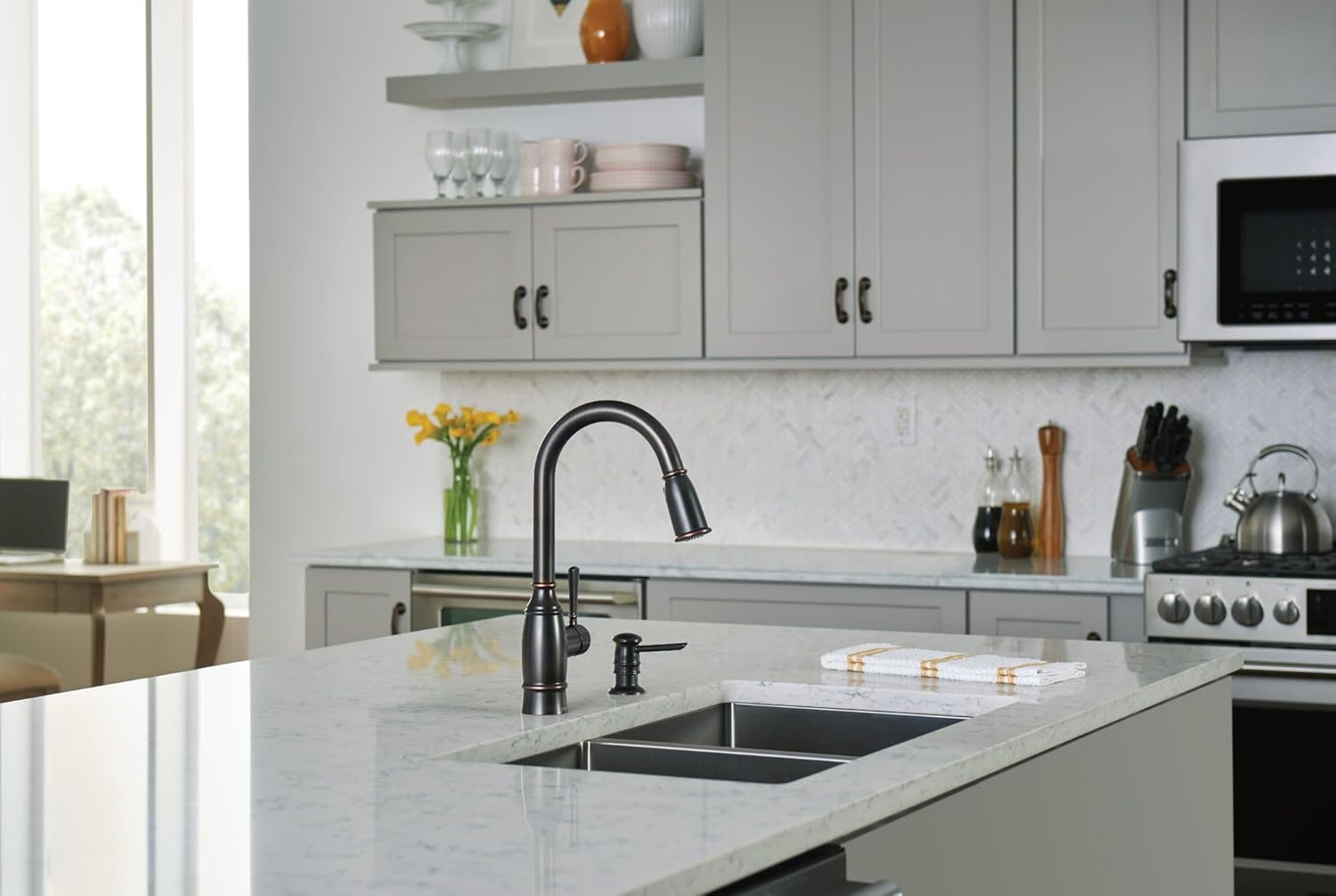 Moen Noell Mediterranean Bronze Pull‑Down Kitchen Faucet with Soap Dispenser, Featuring PowerClean and a Reflex Docking System, 87791BRB