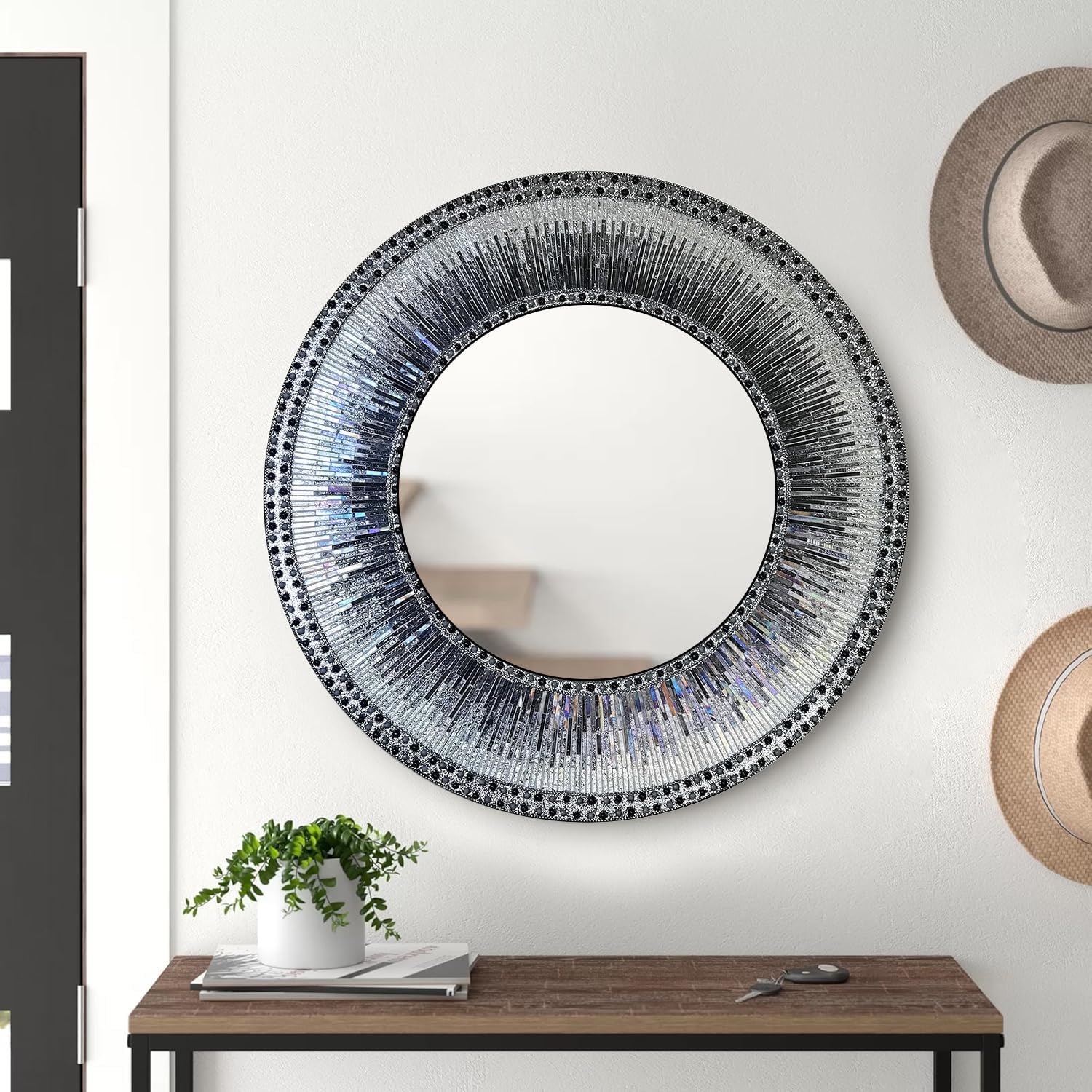 Kaleidoscope 24 Inch Wall Mirror, Luxe Multi-Colored Silver and Iridescent Charcoal Gray Glass Mosaic Framed Wall Mirror, Decorative Round Accent/Vanity Mirror (24