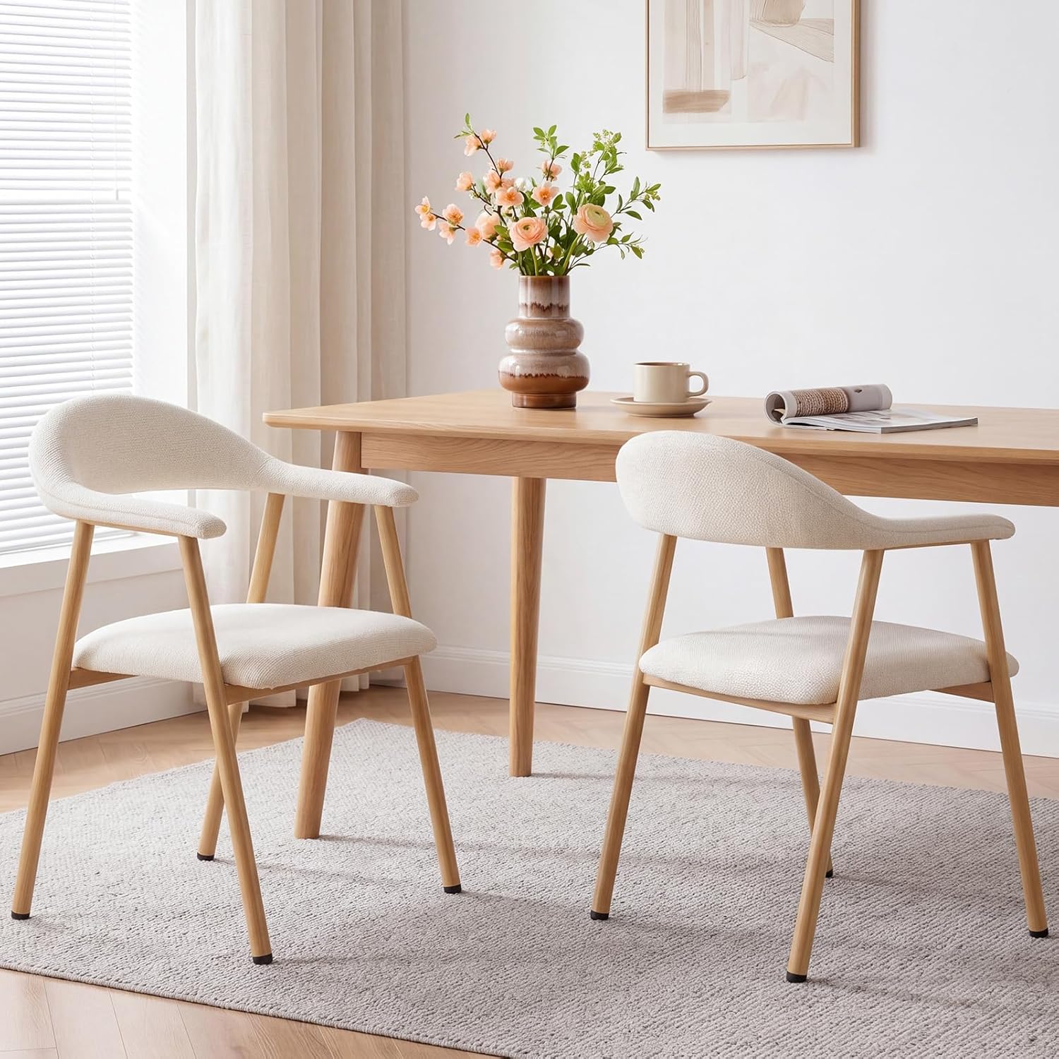 DUMOS Set of 2 Beige Linen Fabric Upholstered Dining Chairs, Modern Farmhouse Kitchen Side Chairs with Curved Backrest and Metal Legs, Accent Chairs for Dining Room, Restaurant, Cafe