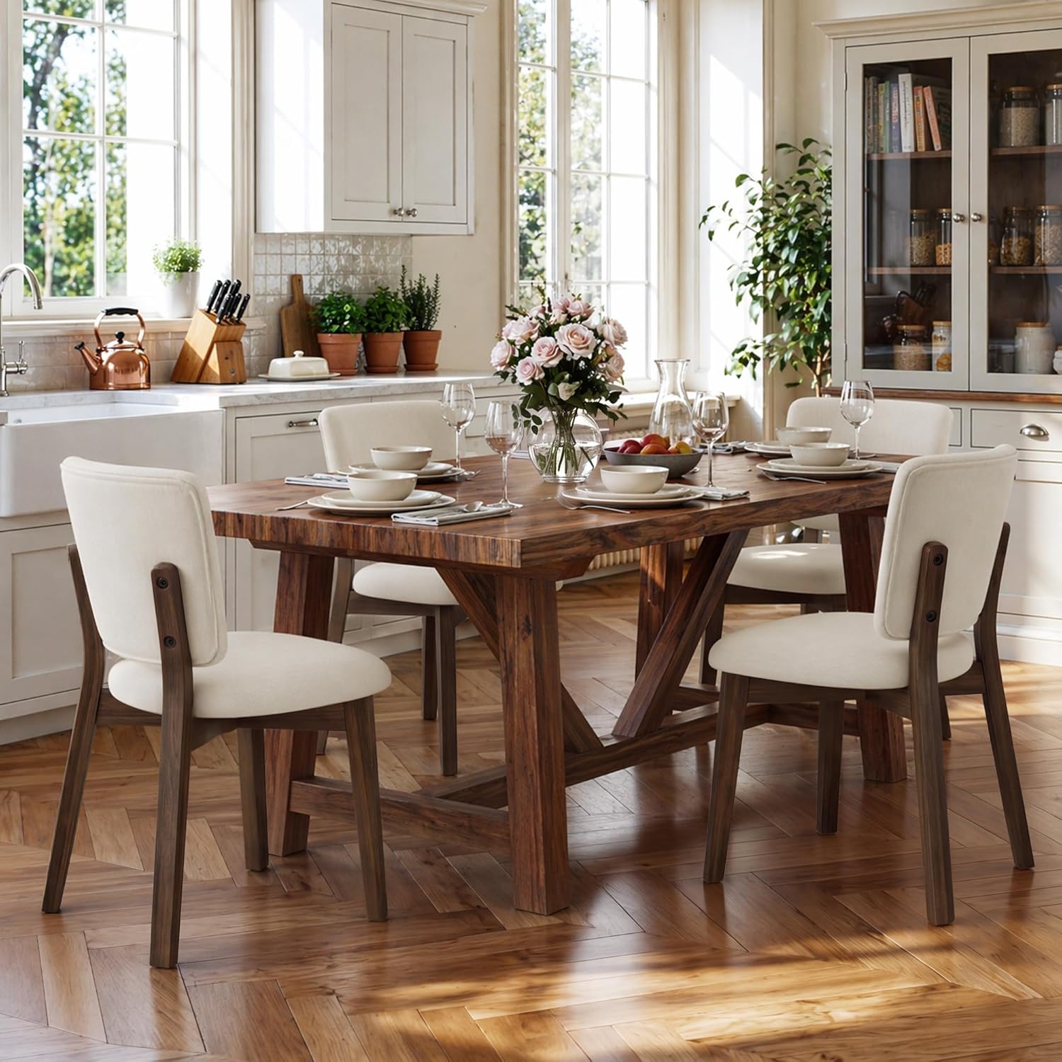 LUE BONA Wooden Dining Chairs Set of 4, Comfortable Wide Back Kitchen Side Chairs, Strong Thick Legs for Modern Farmhouse Dining Room, Linen Upholstered and Dark Brown Legs