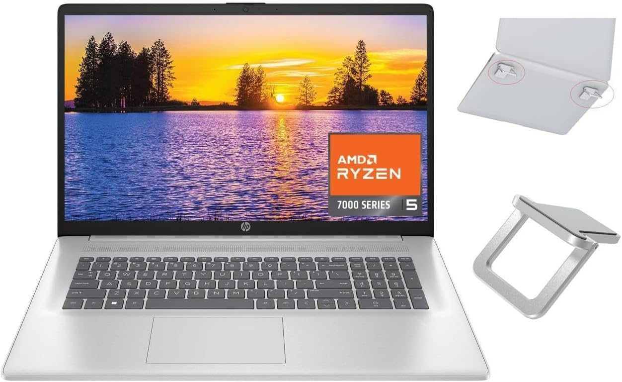 HP 17.3 inch FHD Display Laptop | AMD Ryzen 5 7520U((Beat i7-1165G7) | AMD Radeon Graphics | Webcam| Bluetooth | Silver| 16GB RAM | 512GB SSD | Windows 11 Home |Bundle with Laptop Stand