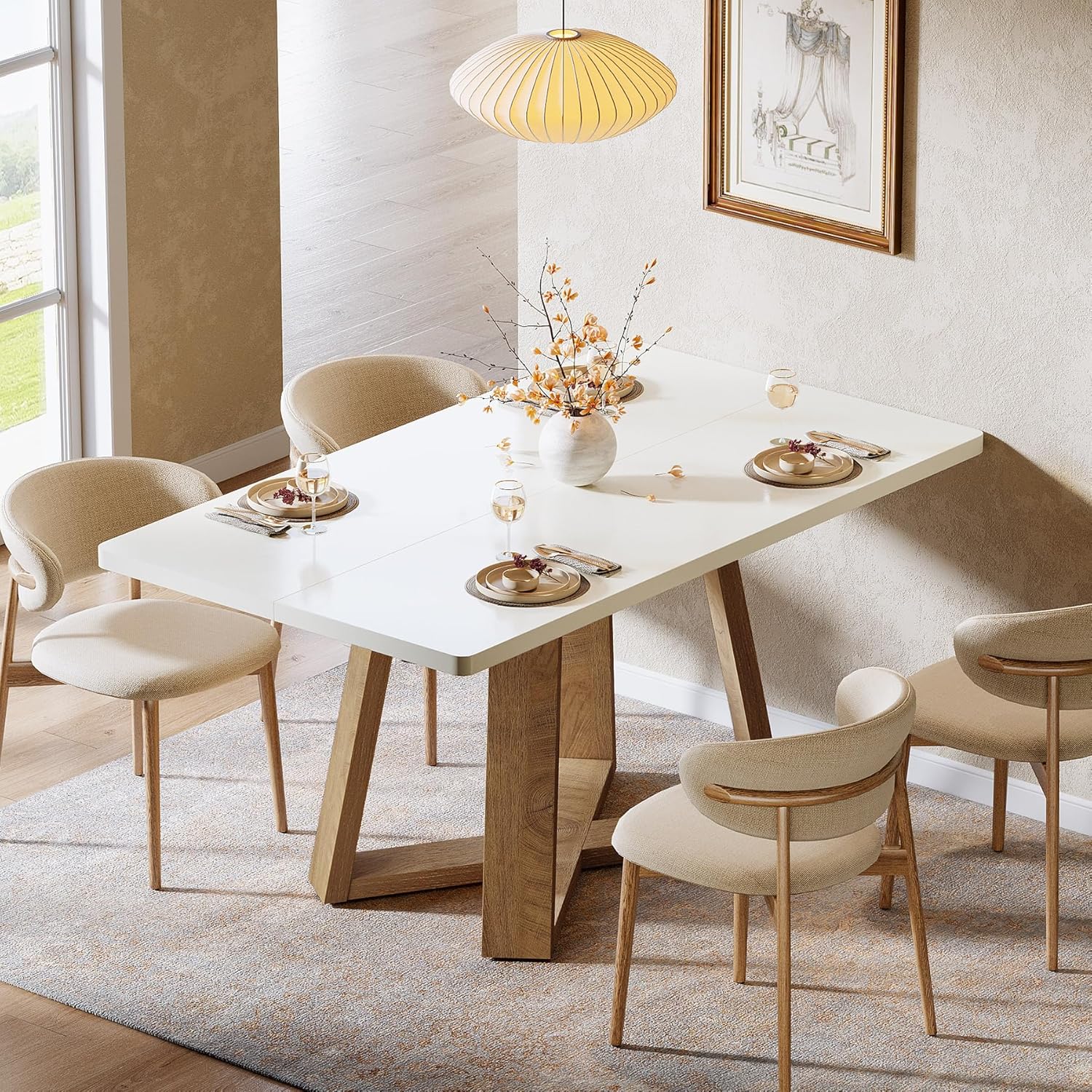 Tribesigns 47-Inch Dining Table for 4 People, Modern Kitchen Table with Wooden Legs, Dinner Table for Kitchen, Dining Room, Small Space, White and Brown