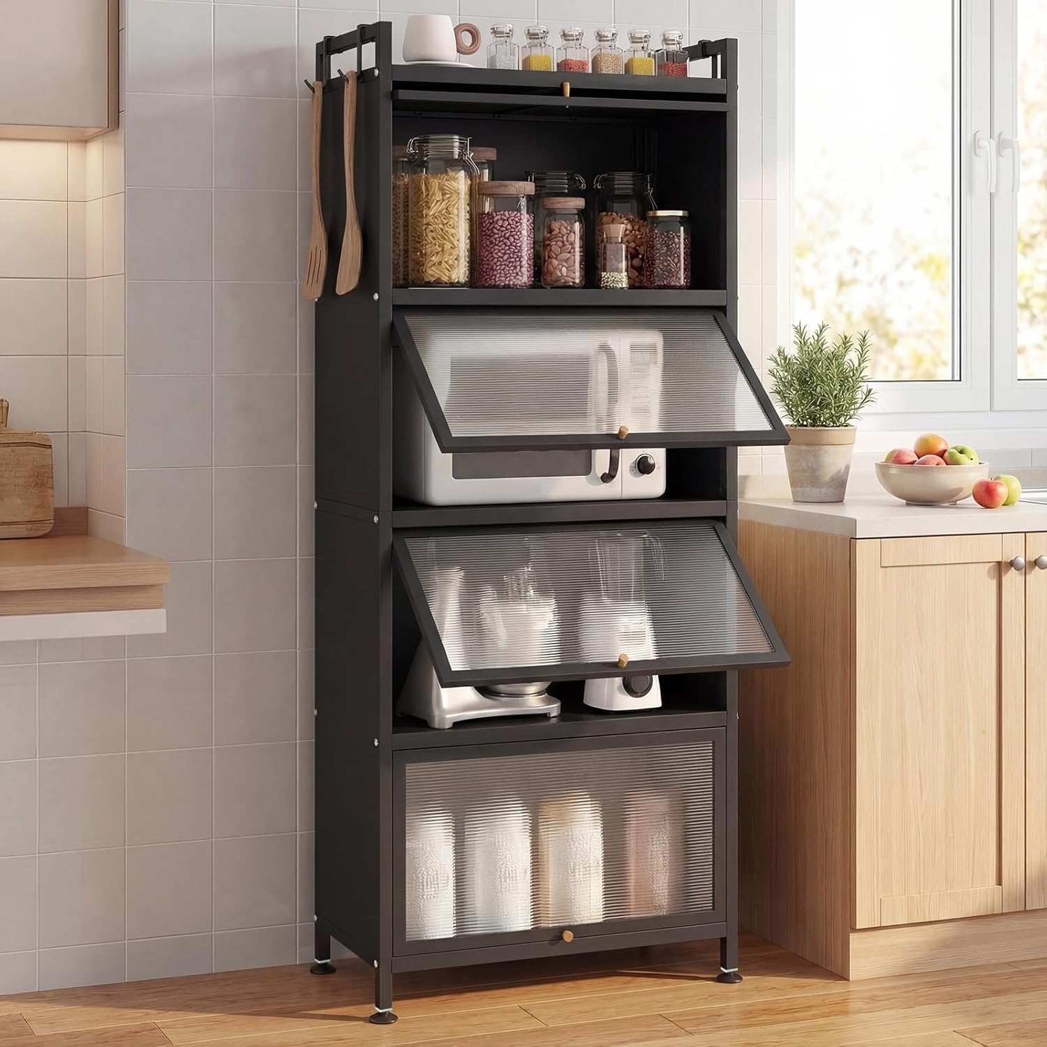 Giantex 5-Tier Kitchen Storage Cabinet, Mobile Microwave Stand with Flip-up PC Doors, Freestanding Kitchen Bakers Rack with 4 Rolling Casters, for Dining Room, Living Room and Study, Black