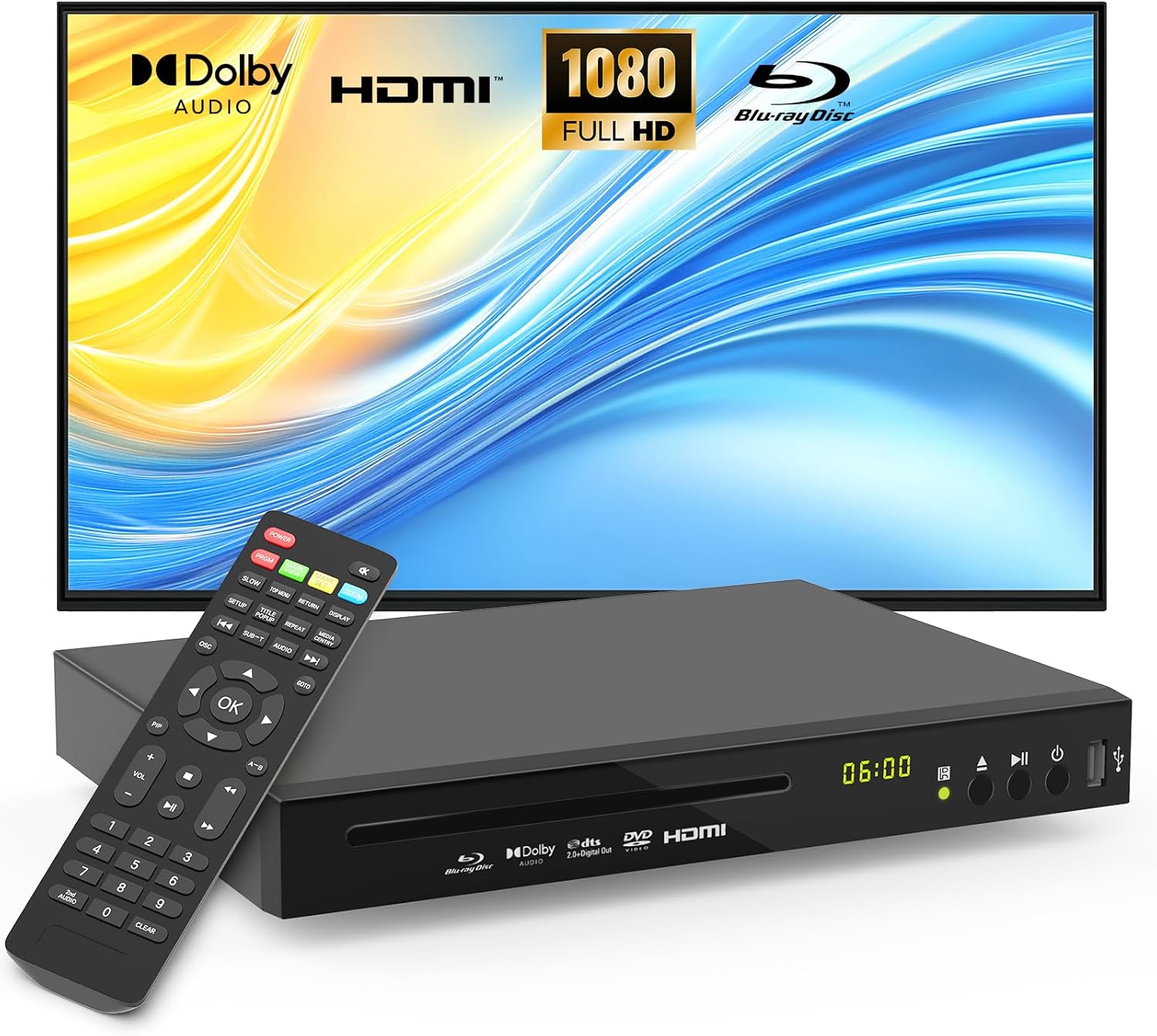 Blu Ray Player Dolby Digital TrueHD/DTS and 1080P Full HD, Plays Region A/1 Blu-Rays and Region Free DVDs, Supports 128GB USB Playback + HDMI/AV/Coaxial Output + Built-in NTSC/PAL with HDMI/AV Cable