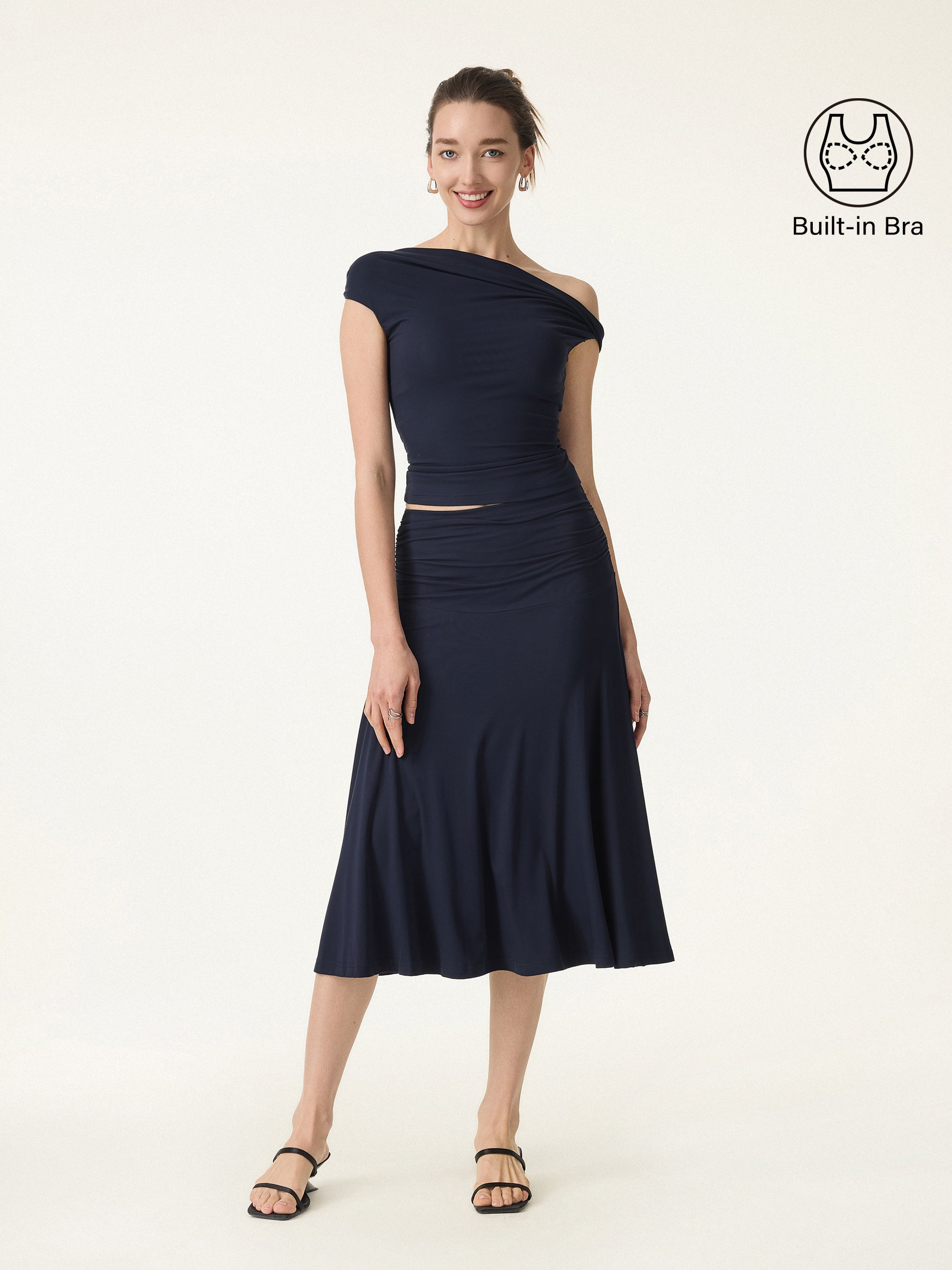 2Pcs Set Multi-wear Bra Top & Side Ruched A-line Midi Skirt