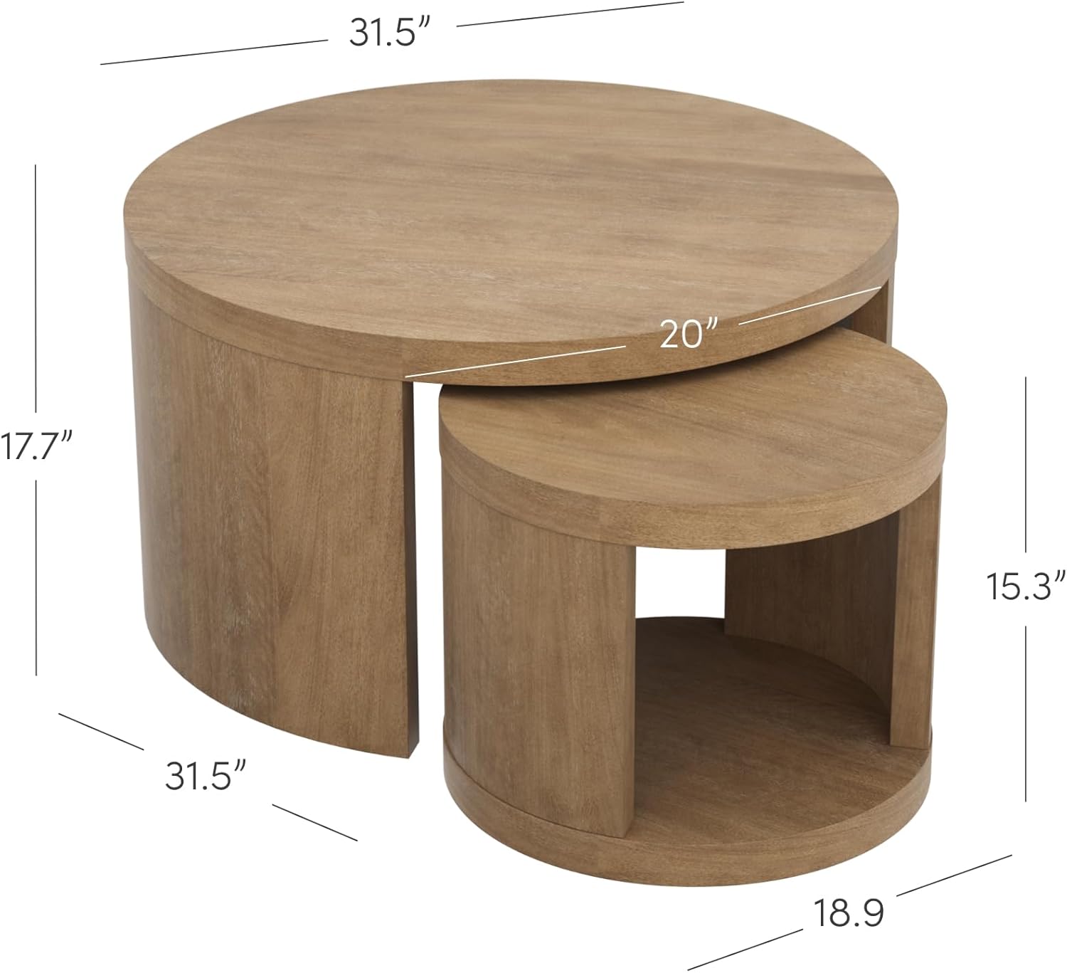Nathan James Uchu Mid Century Modern 2-Piece Nesting Coffee Table, Round Wood Coffee Table with Storage, Light Brown