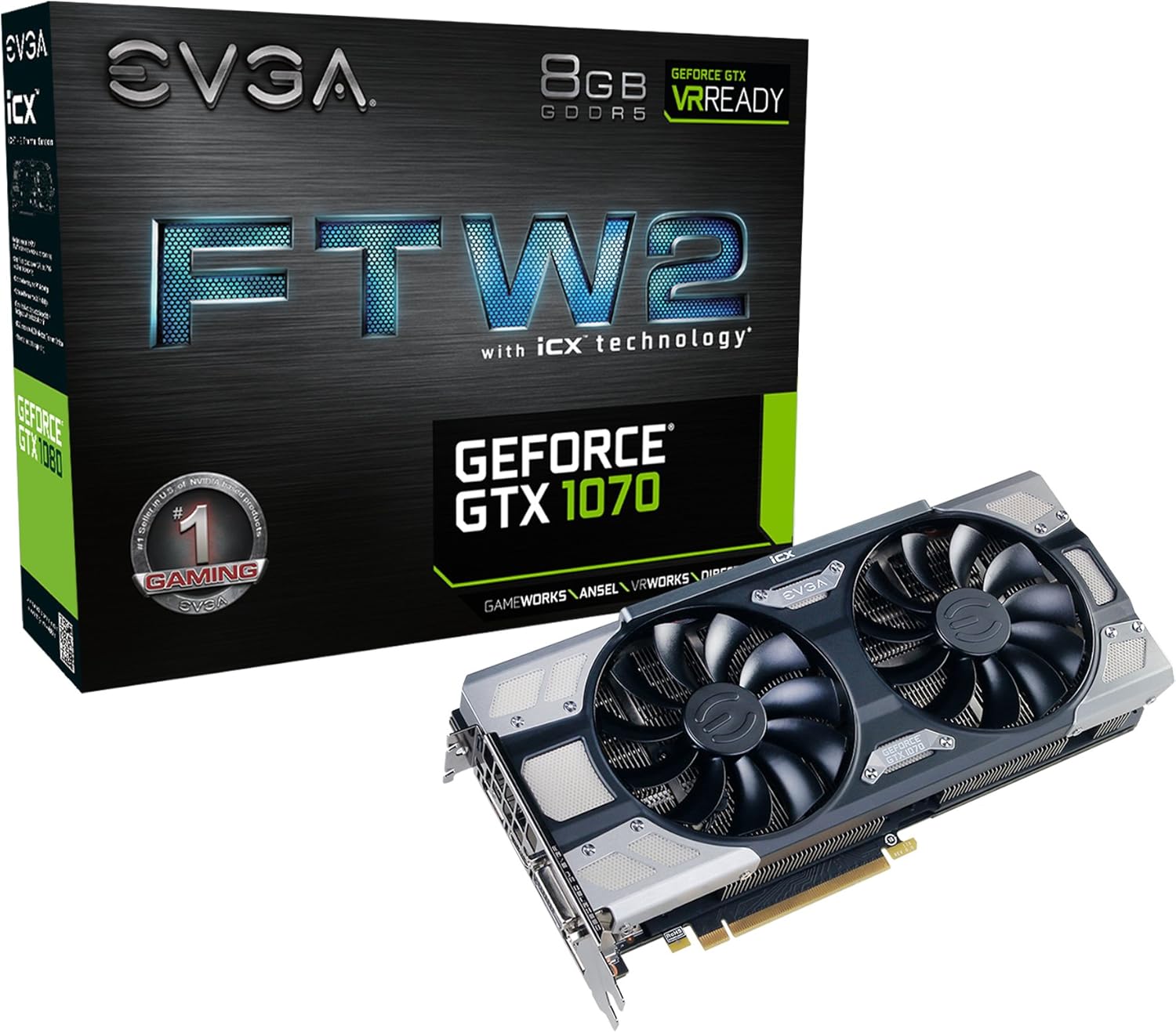 EVGA GeForce GTX 1070 FTW2 Gaming, 8GB GDDR5, iCX Technology - 9 Thermal Sensors & RGB LED G/P/M, Asynch Fan, Optimized Airflow Design Graphics Card 08G-P4-6676-KR