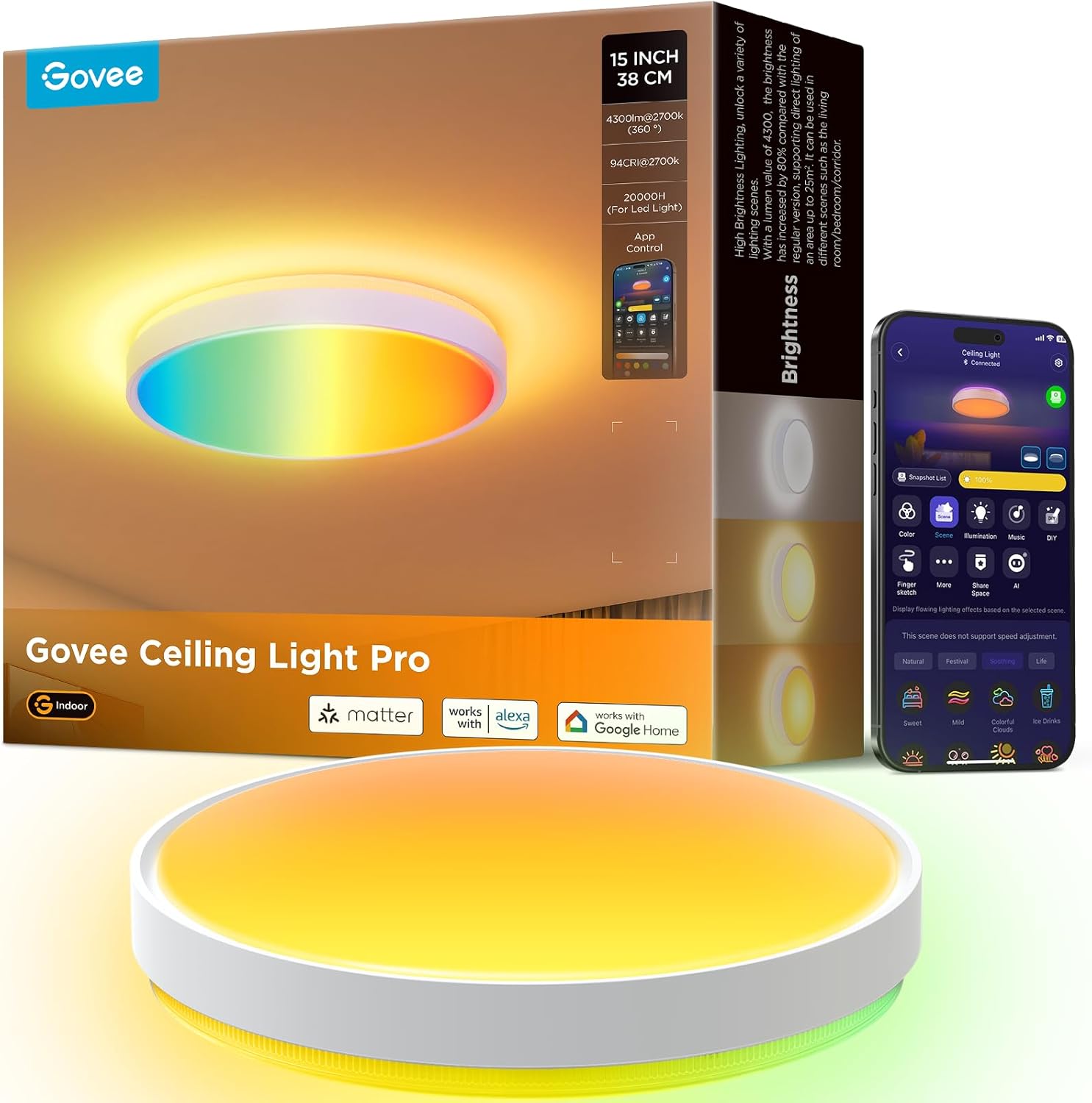 Govee Smart Ceiling Light 4300LM 15 Inch, RGBIC LED Ceiling Light Fixture Works with Matter, Flush Mount Light Fixture, DIY Colors, 2700K-6500K Dimmable for Bedroom, Living Room, 1 Pack