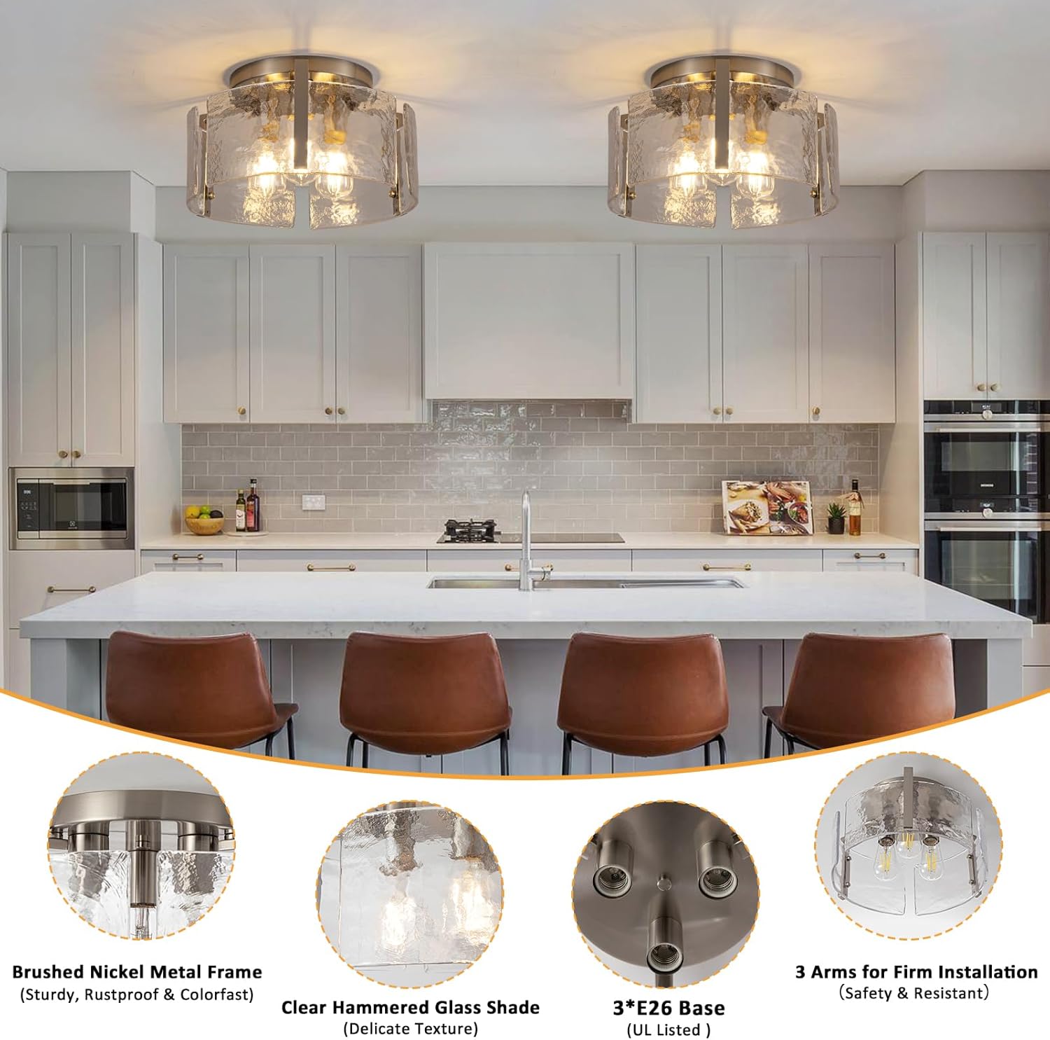 Modern Semi Flush Mount Ceiling Light Fixture, Nickel Hallway Light Fixtures Ceiling Mount, Dimmable Foyer Kitchen Lighting Fixtures Ceiling Lights for Bedroom Bathroom Dining Room Laundry Room