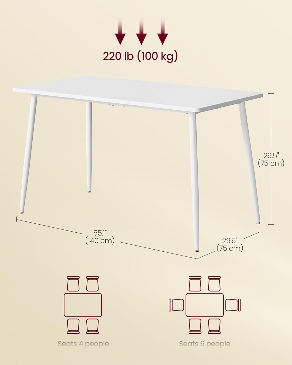 VASAGLE Dining Table, Dining Room Table for 4-6 People, Modern Farmhouse, for Kitchen, Quick Assembly, Heat-Resistant Surface, 29.5 x 55.1 x 29.5 Inches, Snow White UKDT100W101S