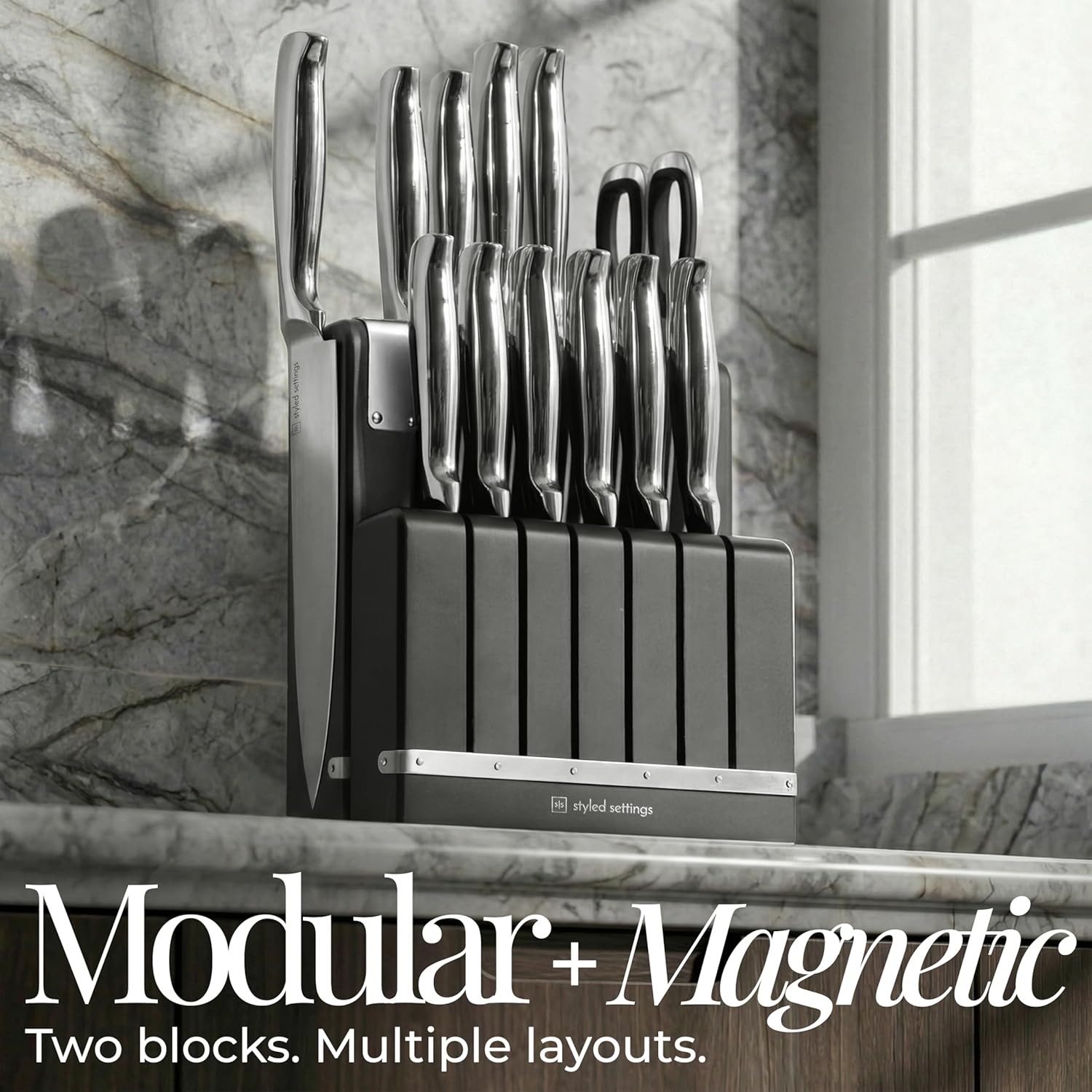German Stainless Steel Kitchen Knife Block Set with Built-in Sharpener - 2-in-one Space Saving Magnetic Countertop and Knife Drawer Organizer with Stainless Steel Knives, Ideal Gift