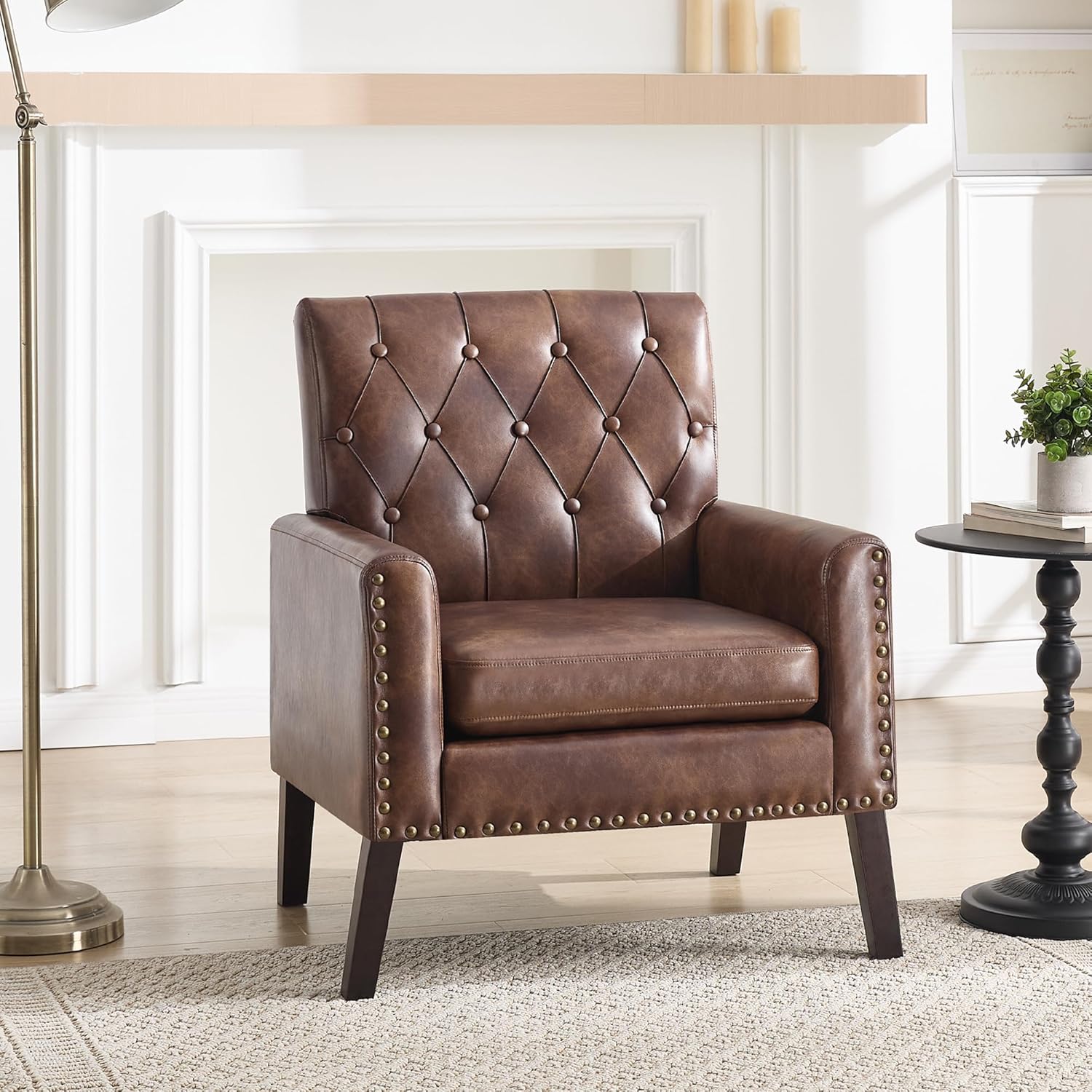 Mid Century Modern Accent Chair, Dark Brown Faux Leather Office Chair for Reception - Tufted Leather Club Chair for Living Room, Bedroom, or Waiting Room