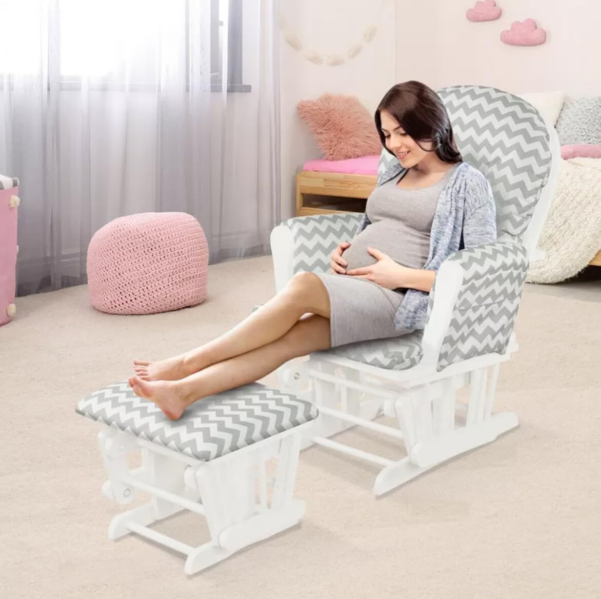 Ottoman Glider Rocking Chair for Nursing Mums, Elderly, Mothers, Wood Heavy Duty with Cushion, Adjustable Backrest Rocker for Living Room Set Baby Nursery TV Lounge Room (Wave Grey)