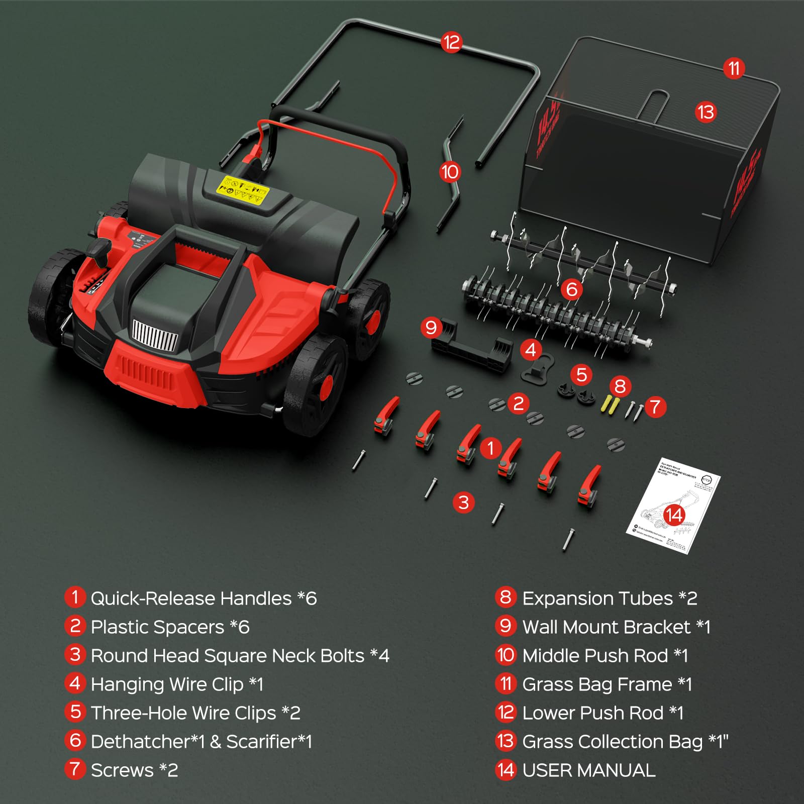 TIECTOWN 16-Inch Electric Dethatcher & Scarifier, 15.5 Amp