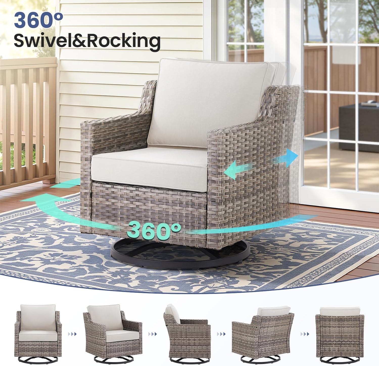 5 Piece Outdoor Patio Furniture Set – Swivel Rocker Chairs with Ottomans & Side Table, All-Weather Wicker Conversation Set with Cushions for Porch, Deck & Balcony – Grey/Beige