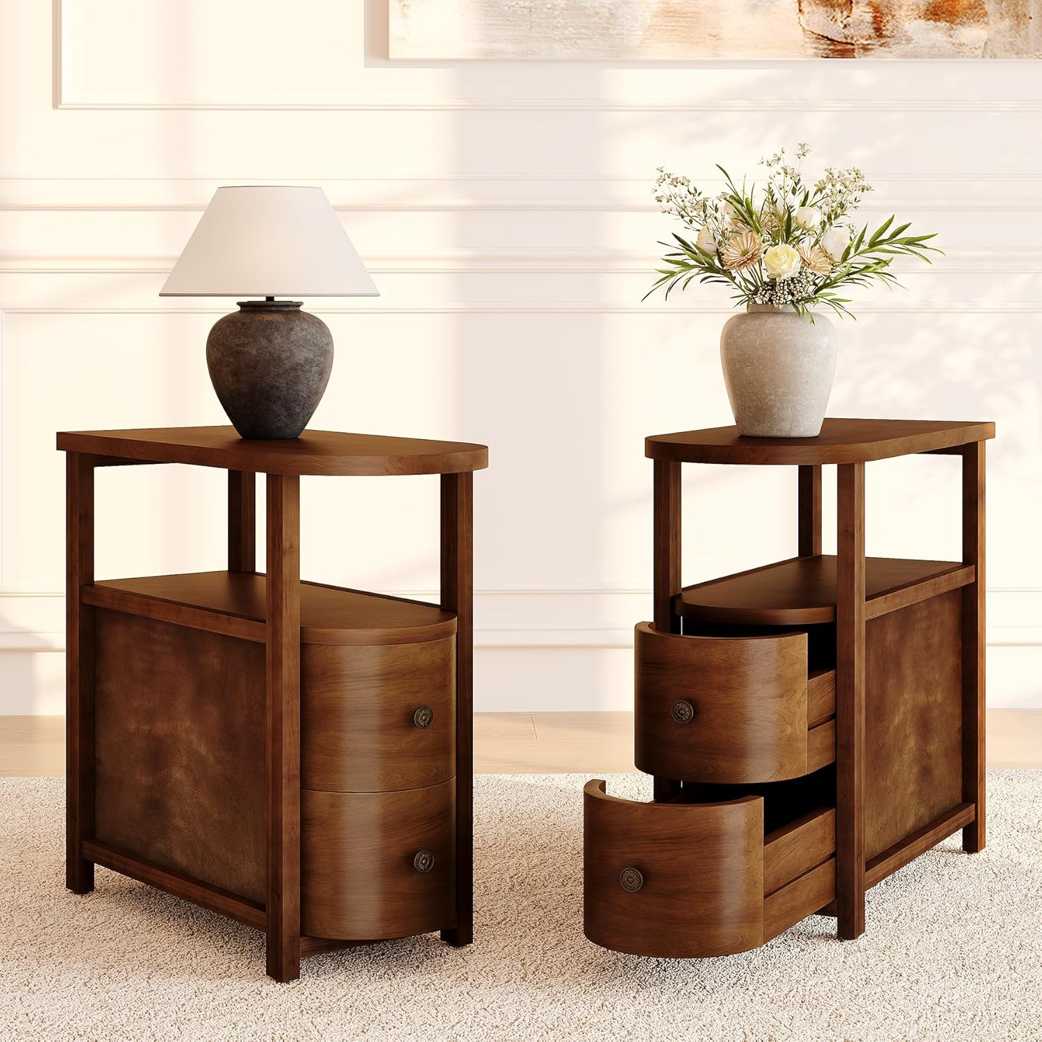 LITTLE TREE Solid Wood End Table Set 2 with 2 Drawers & Open Shelf, No Assembly Required Side Table for Living Room, Vintage Brown Couch Side Tables, Slim Bedside Table Nightstand for Bedroom