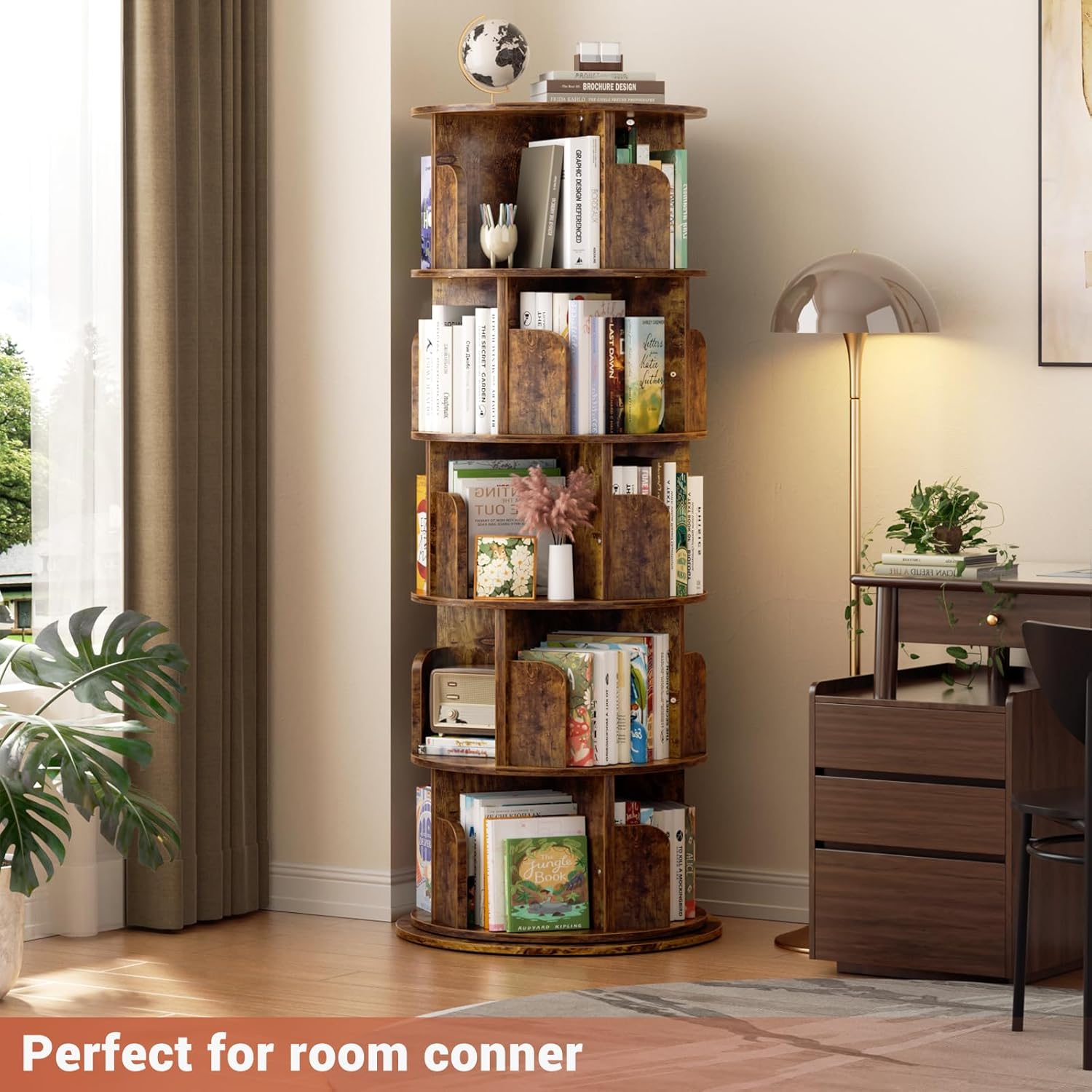 Besiost Rotating Bookshelf Tower, 5 Tier Spinning Bookcase, Revolving 360 Book Shelf Narrow Tall Bookcase, Vertical Turning Round Bookshelf Organizer, Corner Book Shelf for Small Space, Rustic Brown