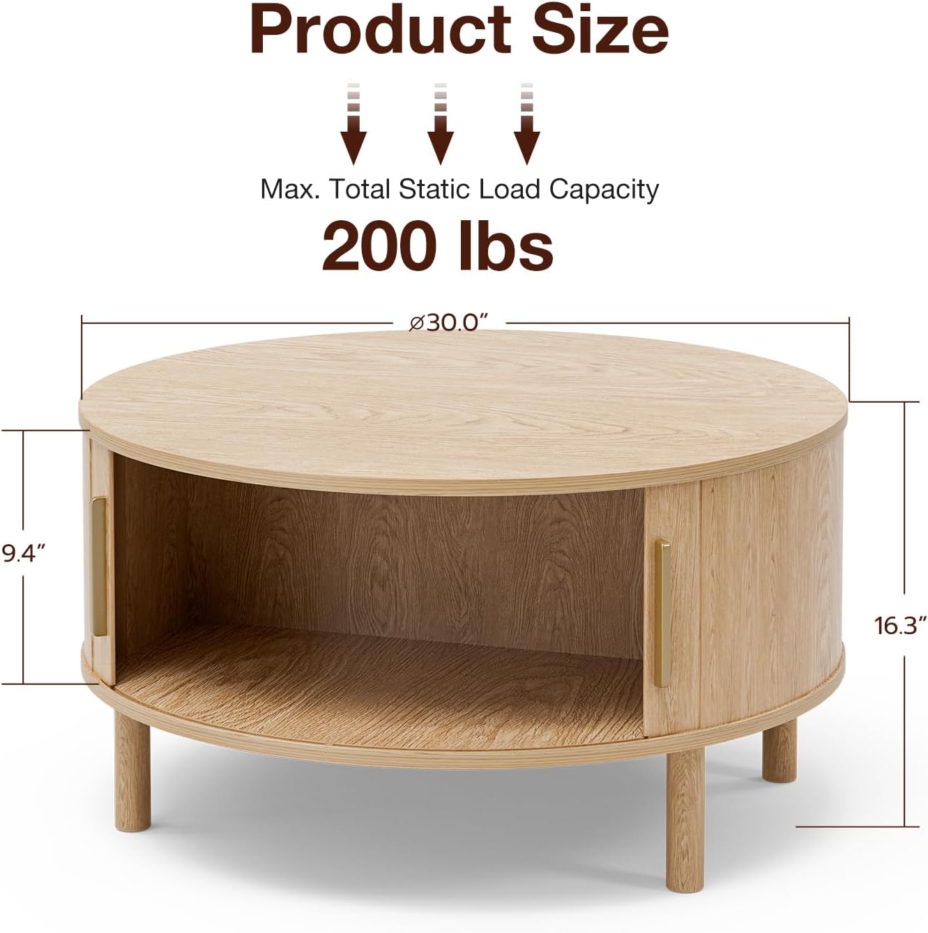 ZttRiee Coffee Table for Living Room, Modern Round Coffee Table with Cabinets & Sliding Doors, Home Small Space, 29.9