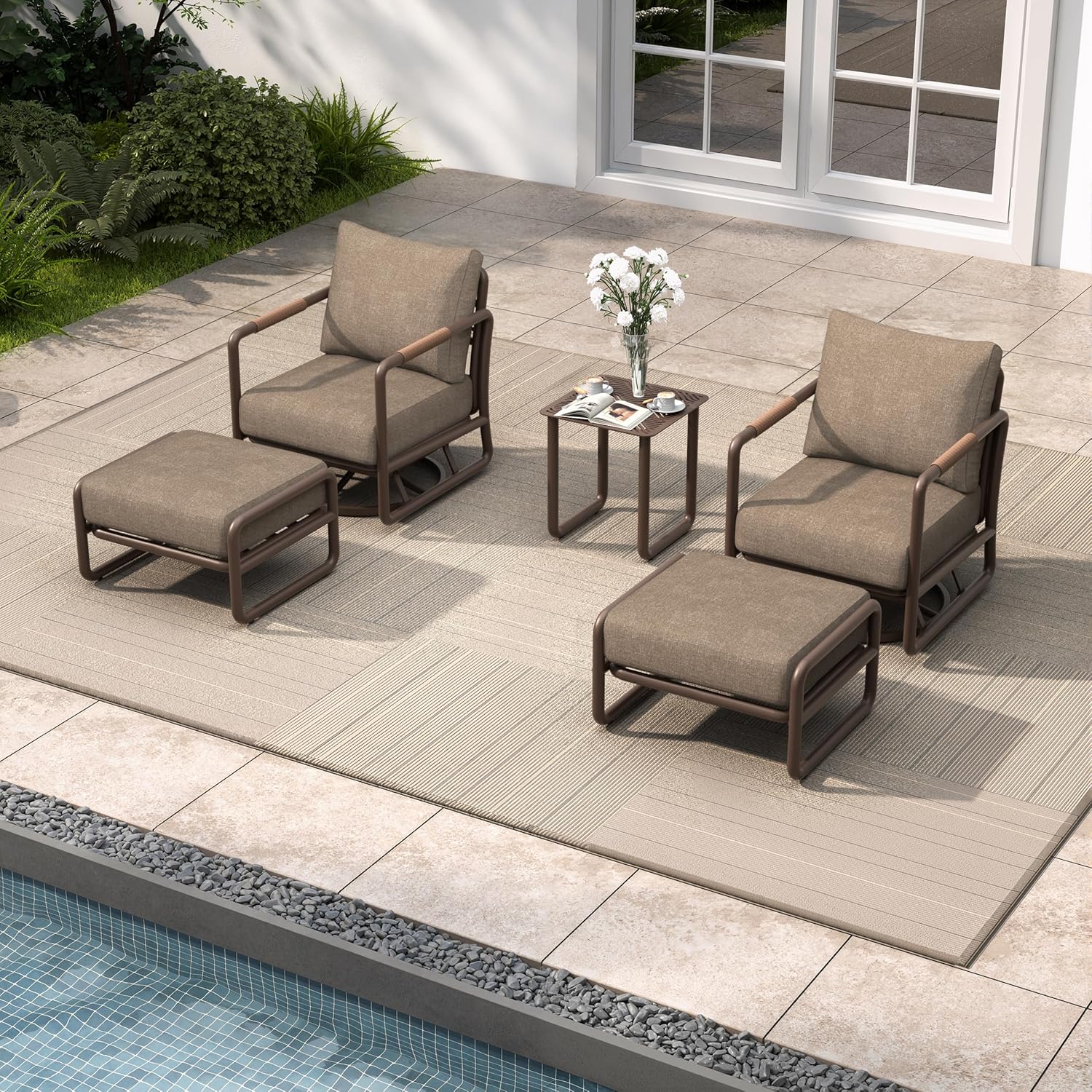 5 Piece Outdoor Swivel Rocker Chair Set with Ottomans, 360° Swivel & Rocking Patio Chairs with Aluminum Frame, 6.5
