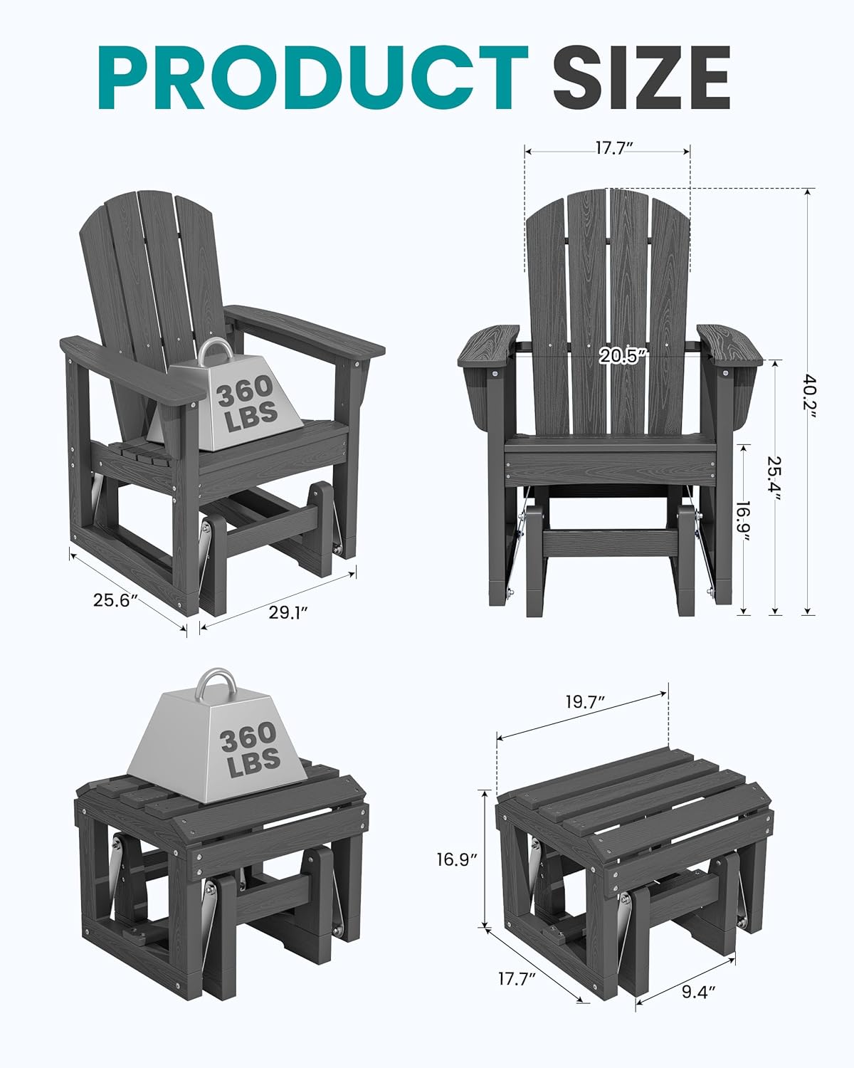 SERWALL Outdoor Glider Chair Set of 2 with Ottoman, HDPE Wood-Like Patio Glider Set All-Weather Porch Glider for Outside, Gray