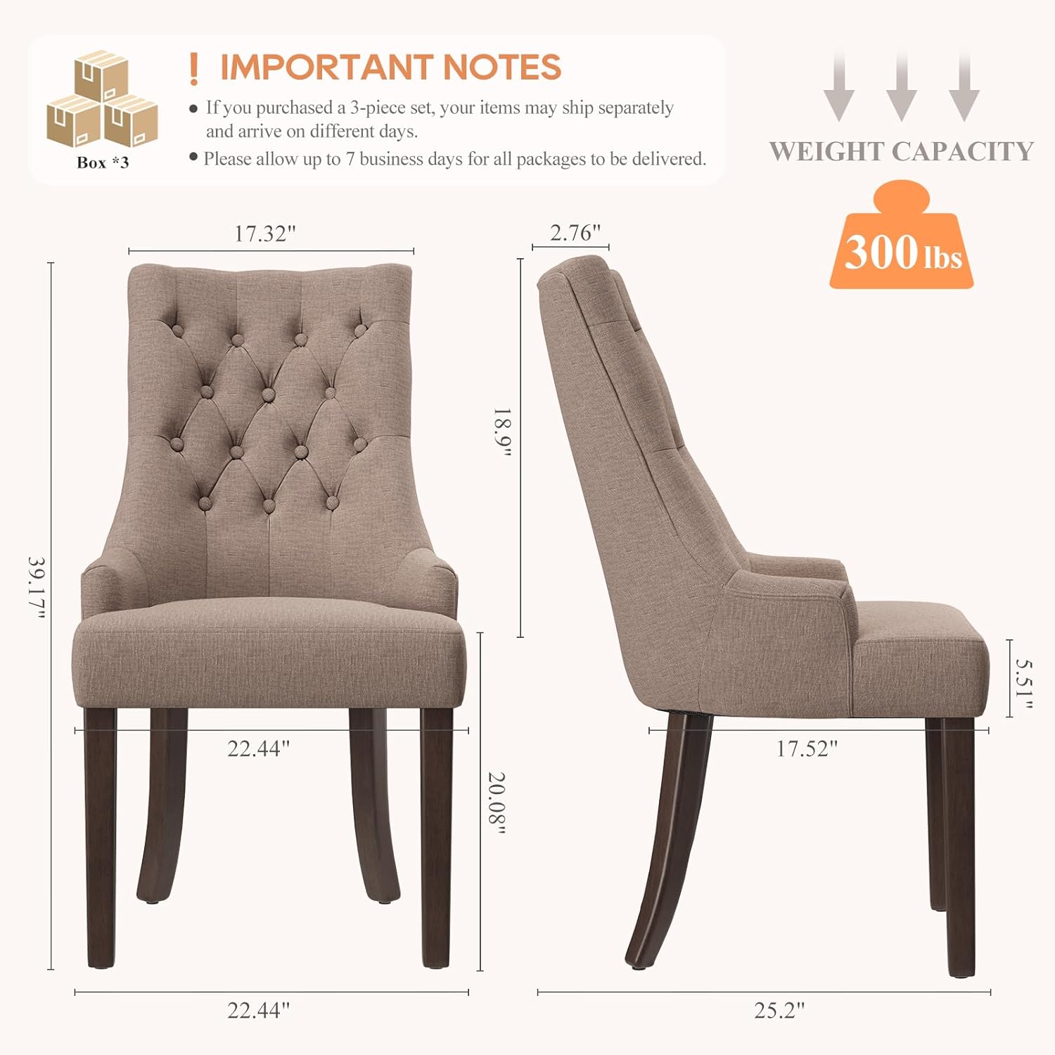 COLAMY Wingback Upholstered Side Dining Room Chairs Set of 6, Fabric Dining Chairs with Tufted Button, Living Room Chairs for Home Kitchen, Taupe
