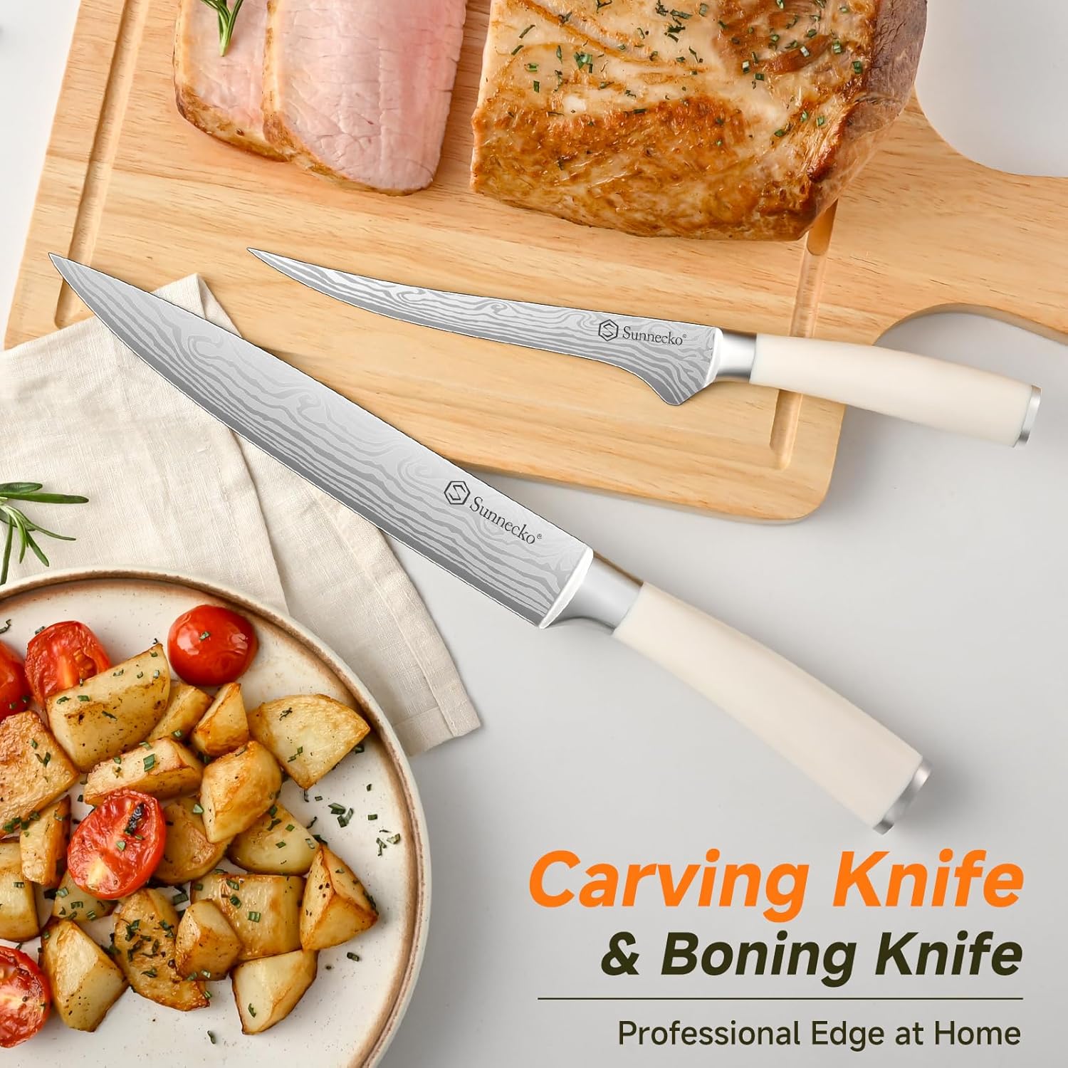 Sunnecko Knife Set with Block and Sharpener, 15 Piece Kitchen Knife Block Set Sharp Kitchen Knives High Carbon Stainless Steel with White Handles