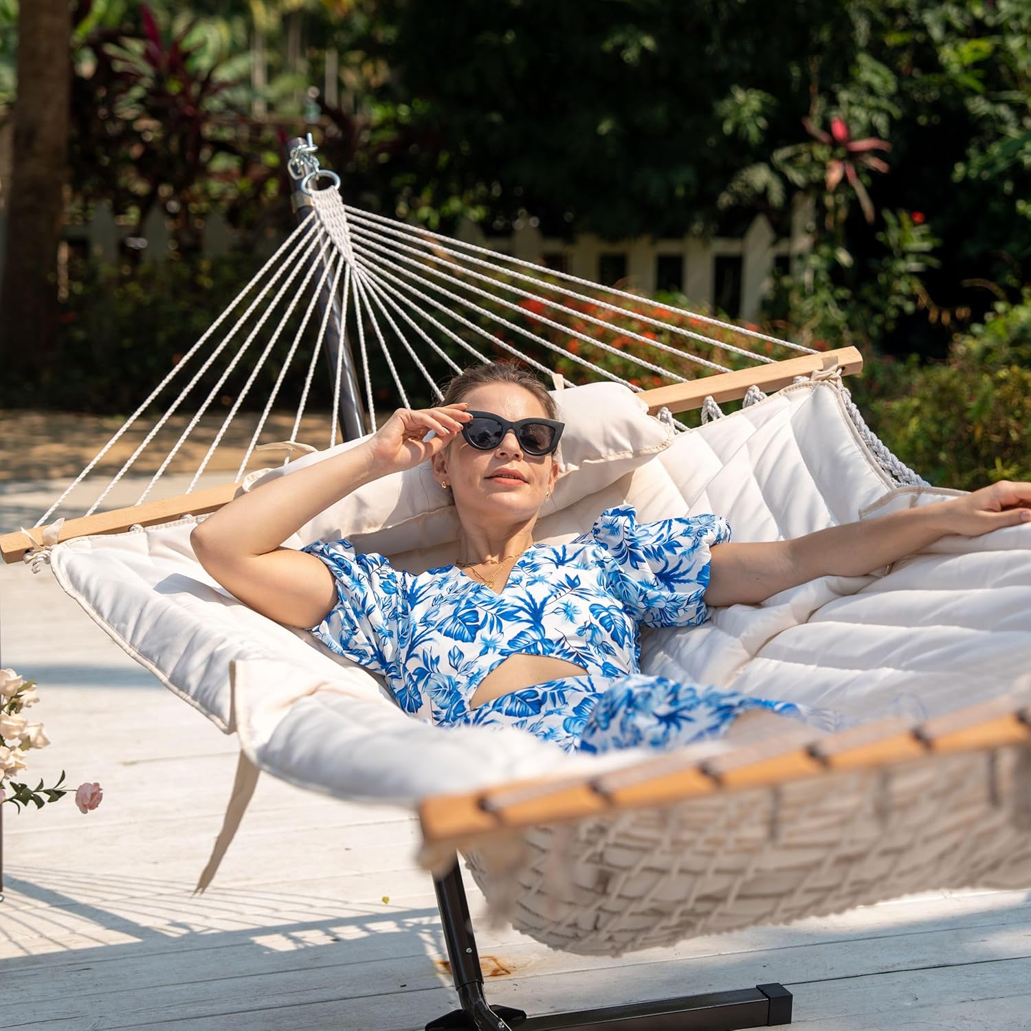 Lazy Daze Hammocks 2 Person Portable Hammock with 12FT Stand, Double Hand Woven Cotton Rope Hammock with Detachable Quilted Pad & Pillow for Outside, 450lb Capacity, Natural