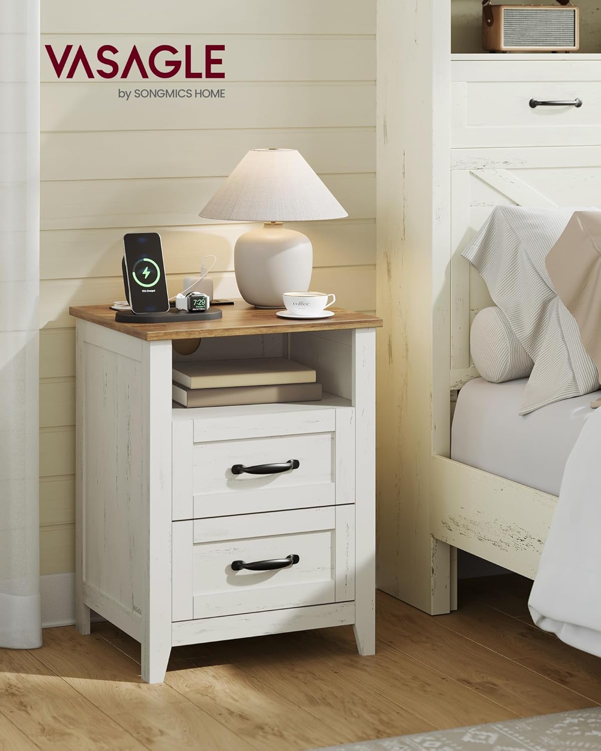 VASAGLE LIRY Collection - Farmhouse Nightstands with Charging Station, Set of 2 Bedside Tables, Side Tables with 2 Drawers, Open Compartment, for Bedroom, Rustic White and Honey Brown ULET869W01